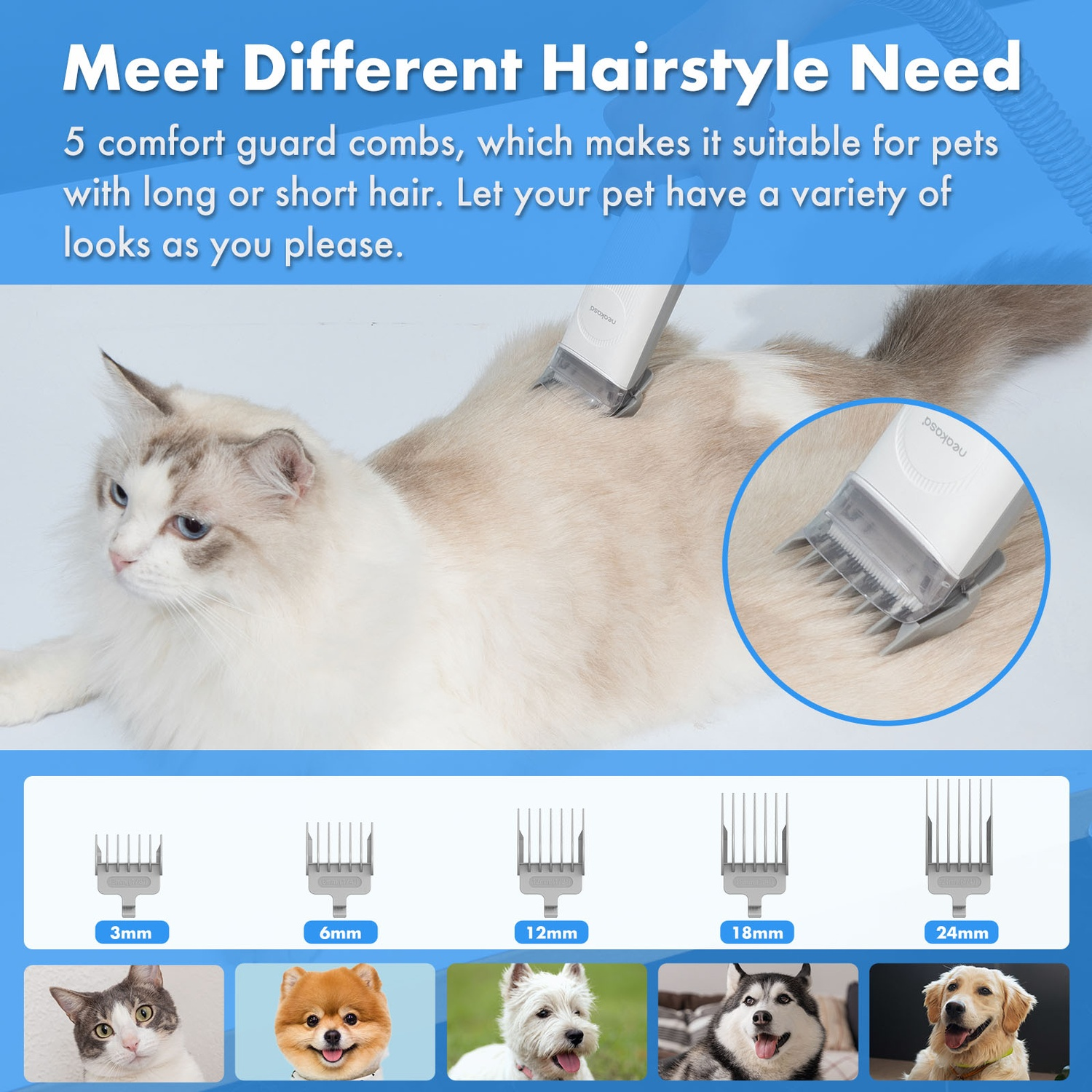 Un gatto viene tosato con tosatrici. Un diagramma mostra le dimensioni dei pettini e foto di cani. Il testo dice 'Meet Different Hairstyle Need'.