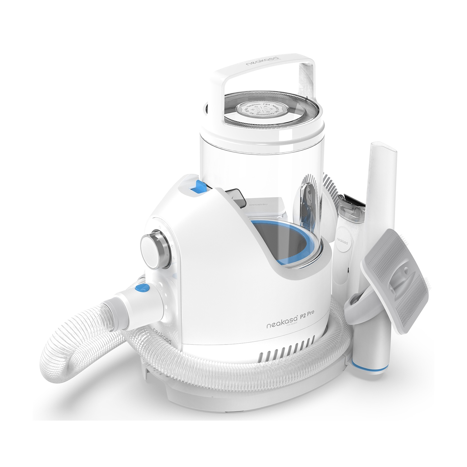Un aspirapolvere per toelettatura per animali domestici Neakasa P2 Pro bianco e blu. Ha una maniglia, un tubo e accessori.