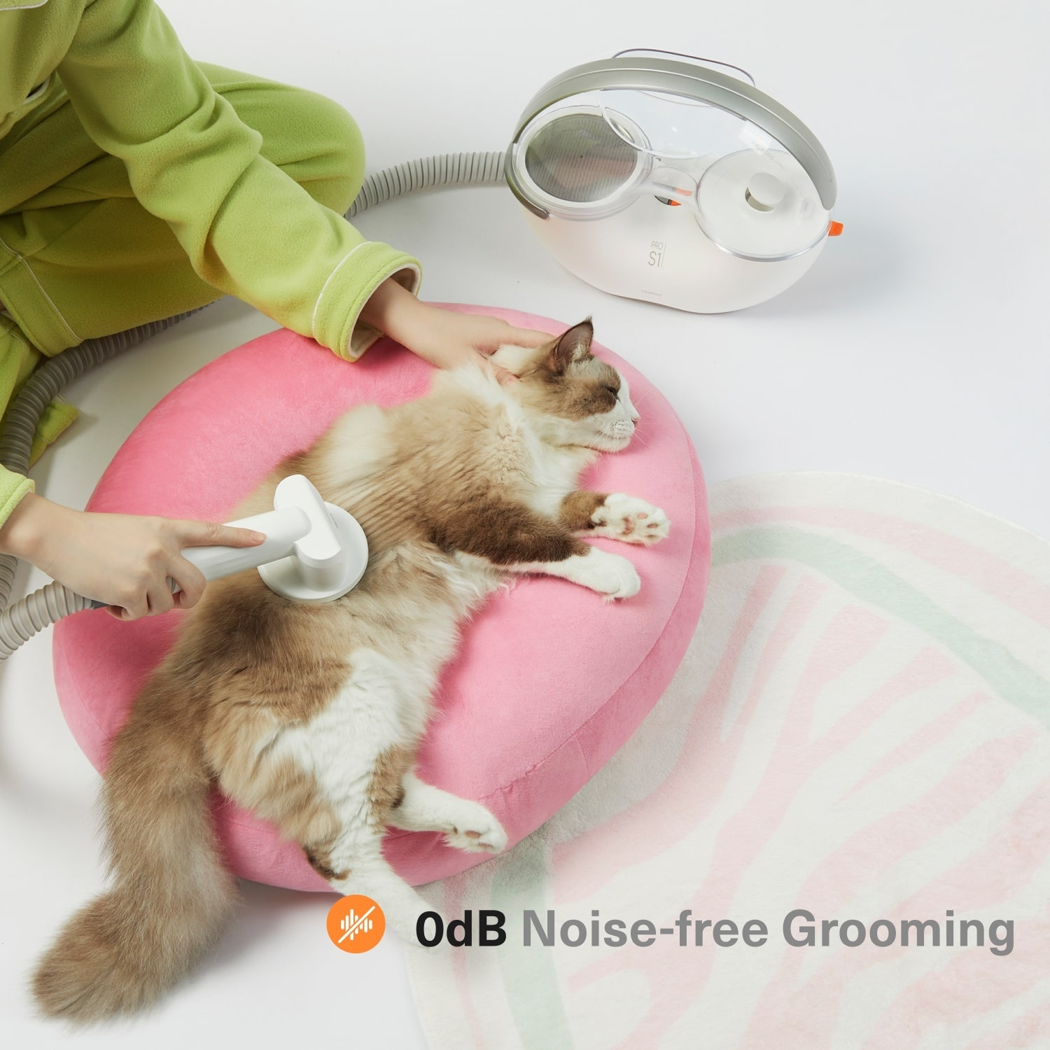 Una persona toeletta un gatto su un cuscino rosa. Viene utilizzato un dispositivo di toelettatura bianco. Sullo sfondo c'è una macchina per la toelettatura silenziosa.