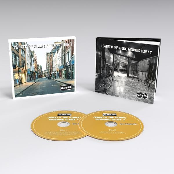 Pochette de l'album '(What's the Story) Morning Glory?' d'Oasis. Comprend le CD, l'art de l'album d'une rue et d'un studio, et le logo du groupe.