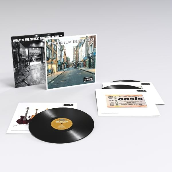 Album vinyle avec deux pochettes, une en noir et blanc, l'autre en couleur, avec une scène de rue. Une guitare est sur une pochette blanche.