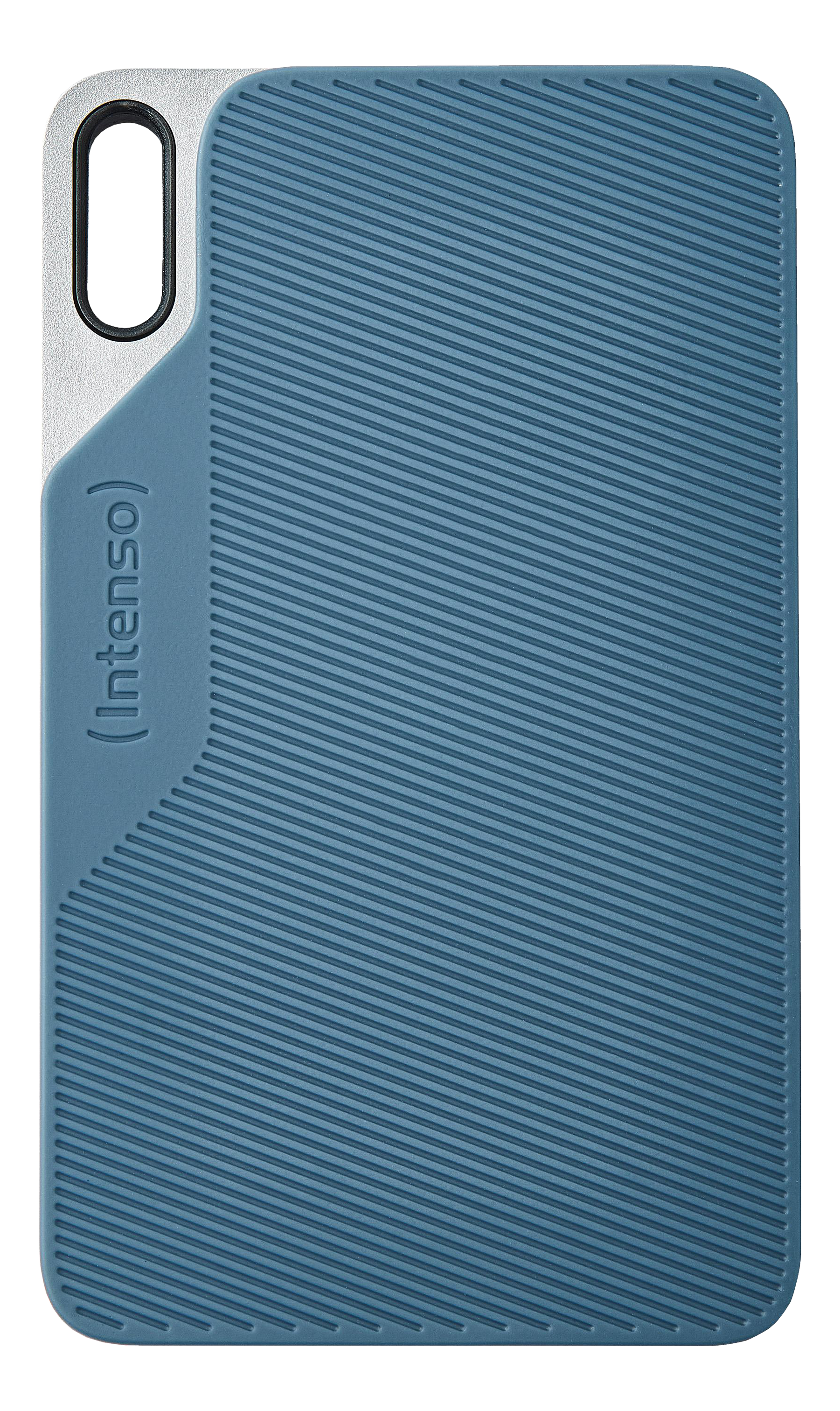 Custodia per telefono blu e argento. Il retro blu ha un motivo a strisce diagonali strutturate. La parte superiore argentata ha un ritaglio ovale nero.