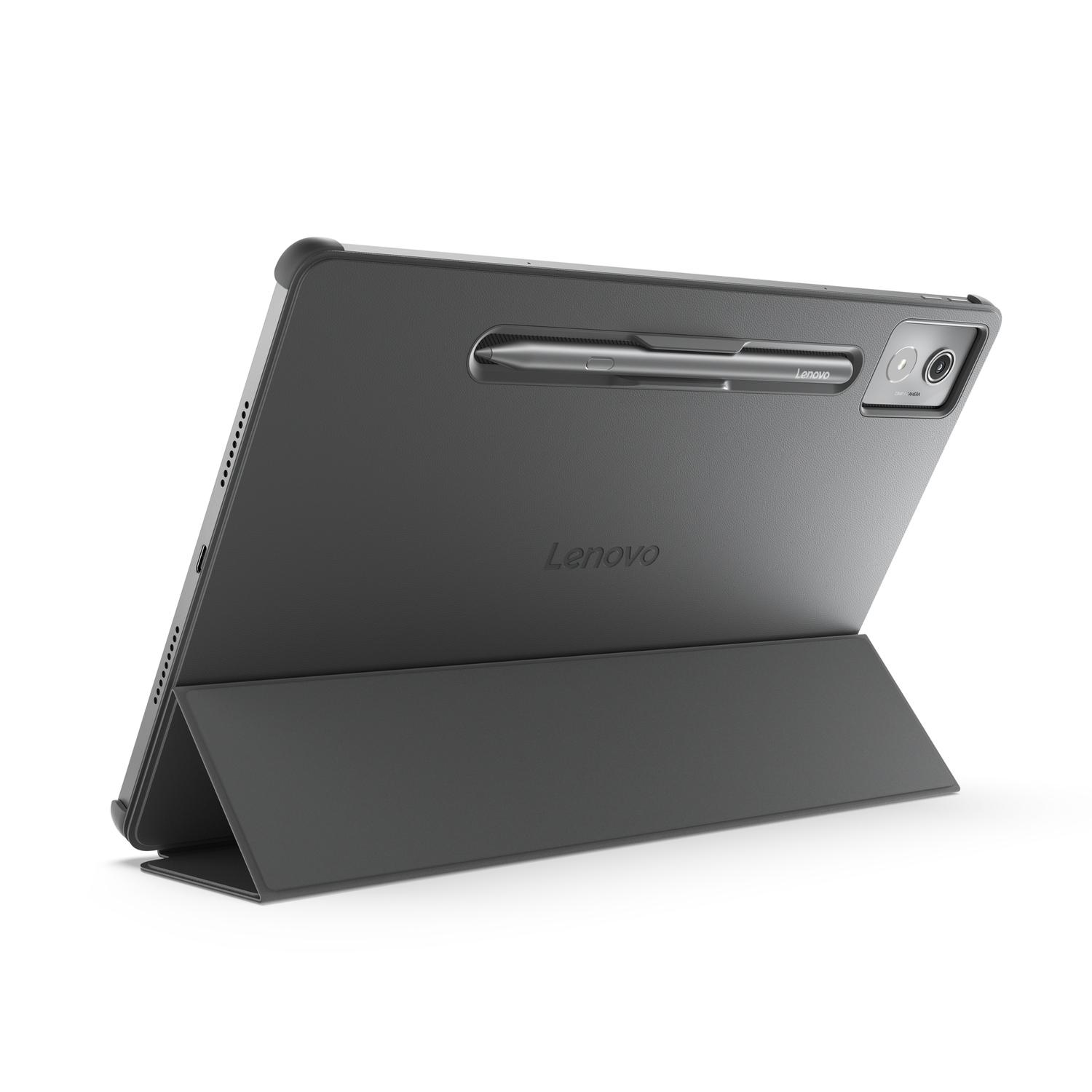 Een donkergrijze Lenovo-tablet met stylus, in een hoes. De hoes is open en toont de schermhoek. Het Lenovo-logo is zichtbaar.