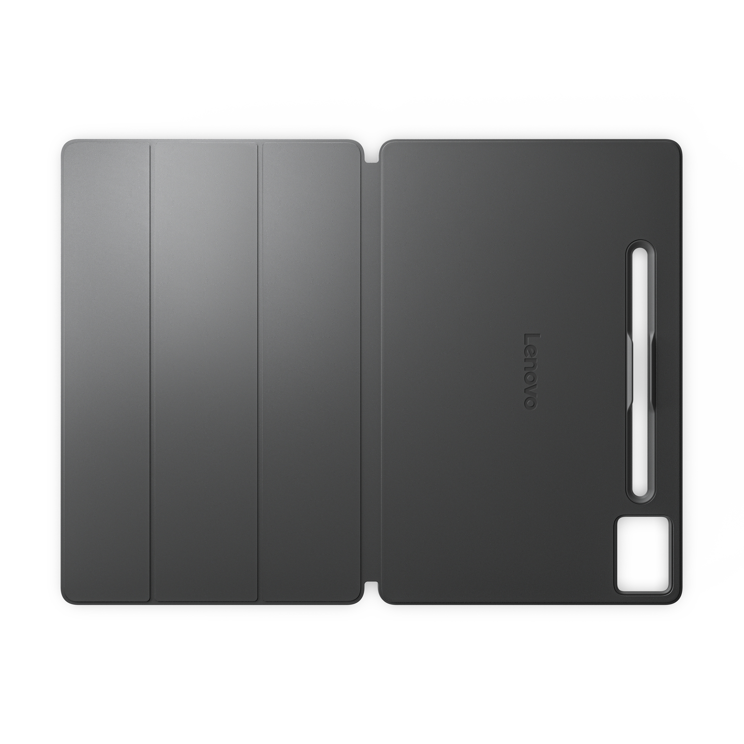 Een grijze Lenovo tablet case, open. Het heeft een pennenhouder en een uitsparing. Het Lenovo logo is zichtbaar. De achtergrond is wit.