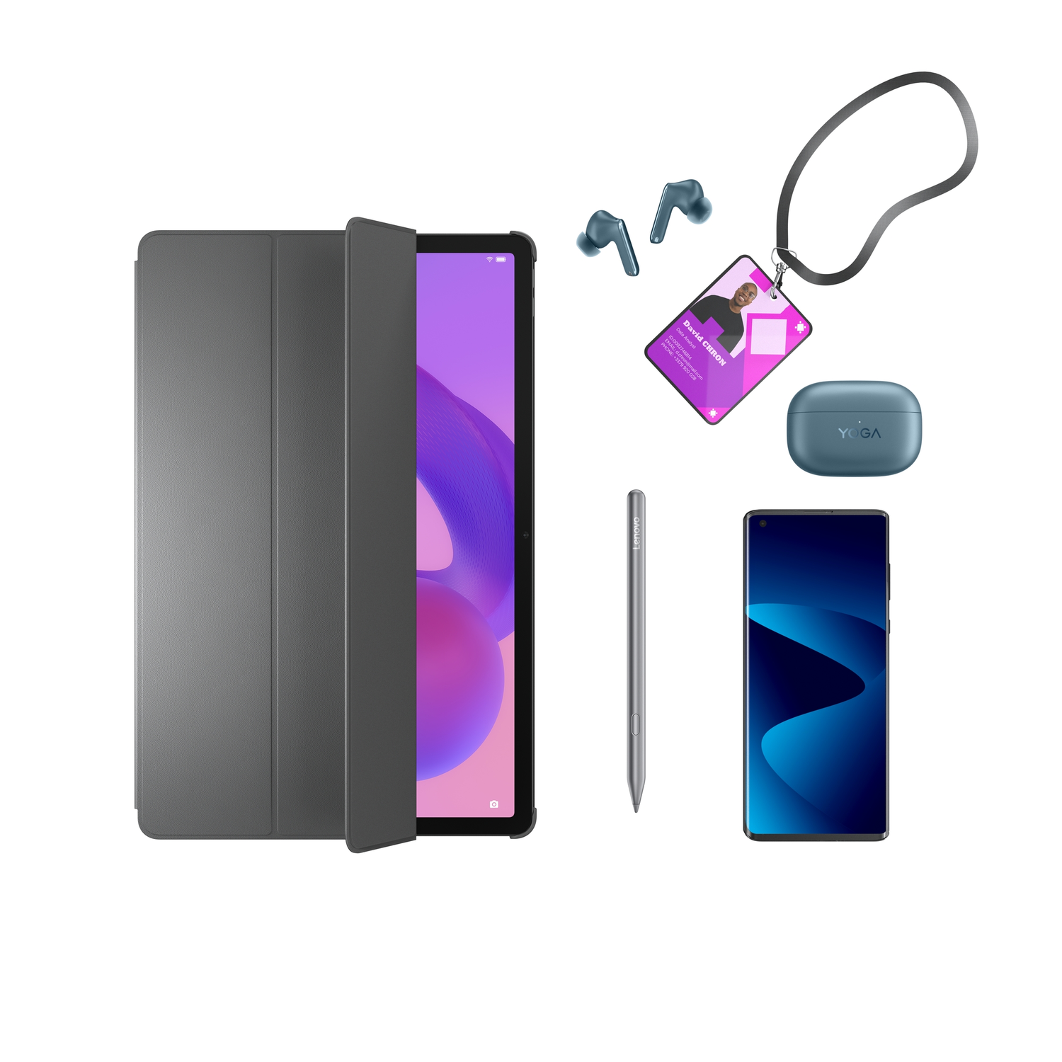 Een tablet, telefoon, stylus, oordopjes en ID-kaart worden weergegeven op een witte achtergrond. Alle items zijn in verschillende tinten grijs en blauw.