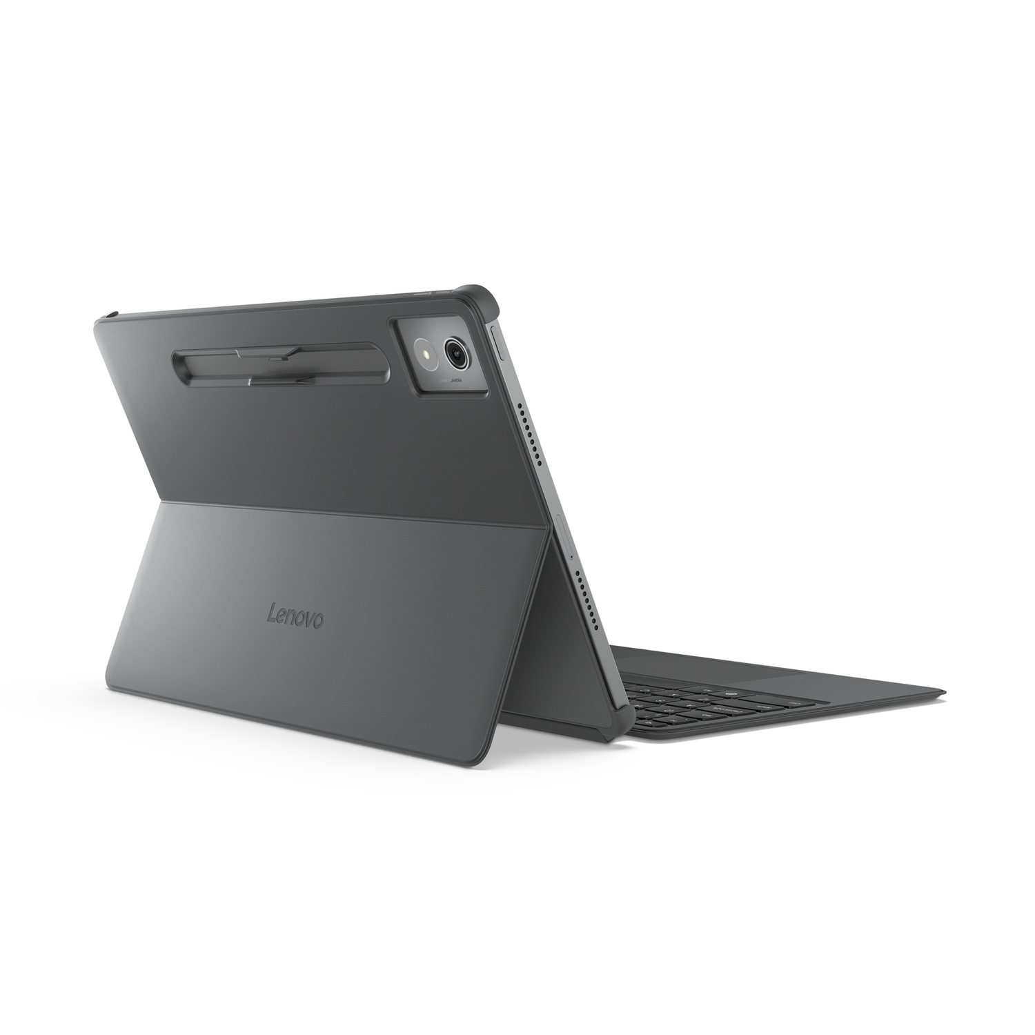 A grey Lenovo tablet with a keyboard case is partially open, showing the screen and keyboard. The background is white.