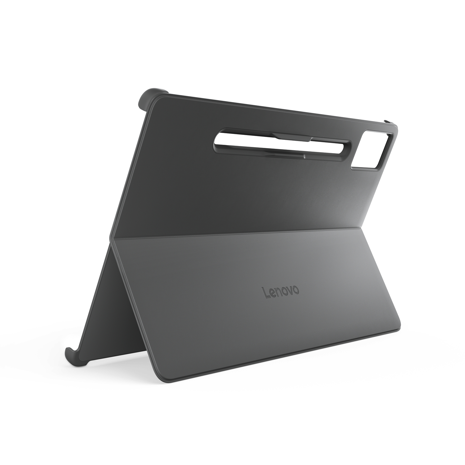 A gray Lenovo tablet case is open, displaying the brand name. The case is propped up, with the tablet screen facing forward.