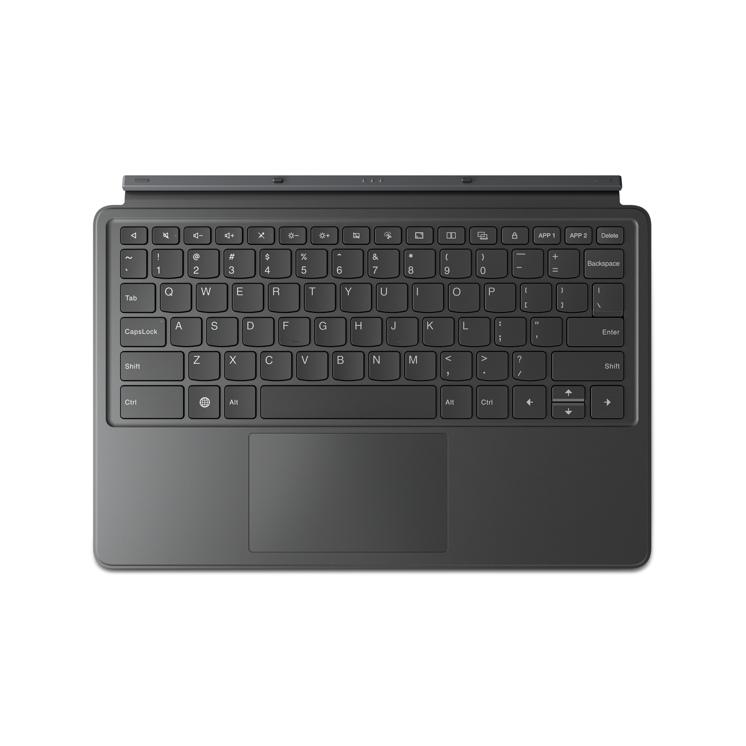 A dark gray tablet keyboard with keys, a touchpad, and function keys. It is on a white background.