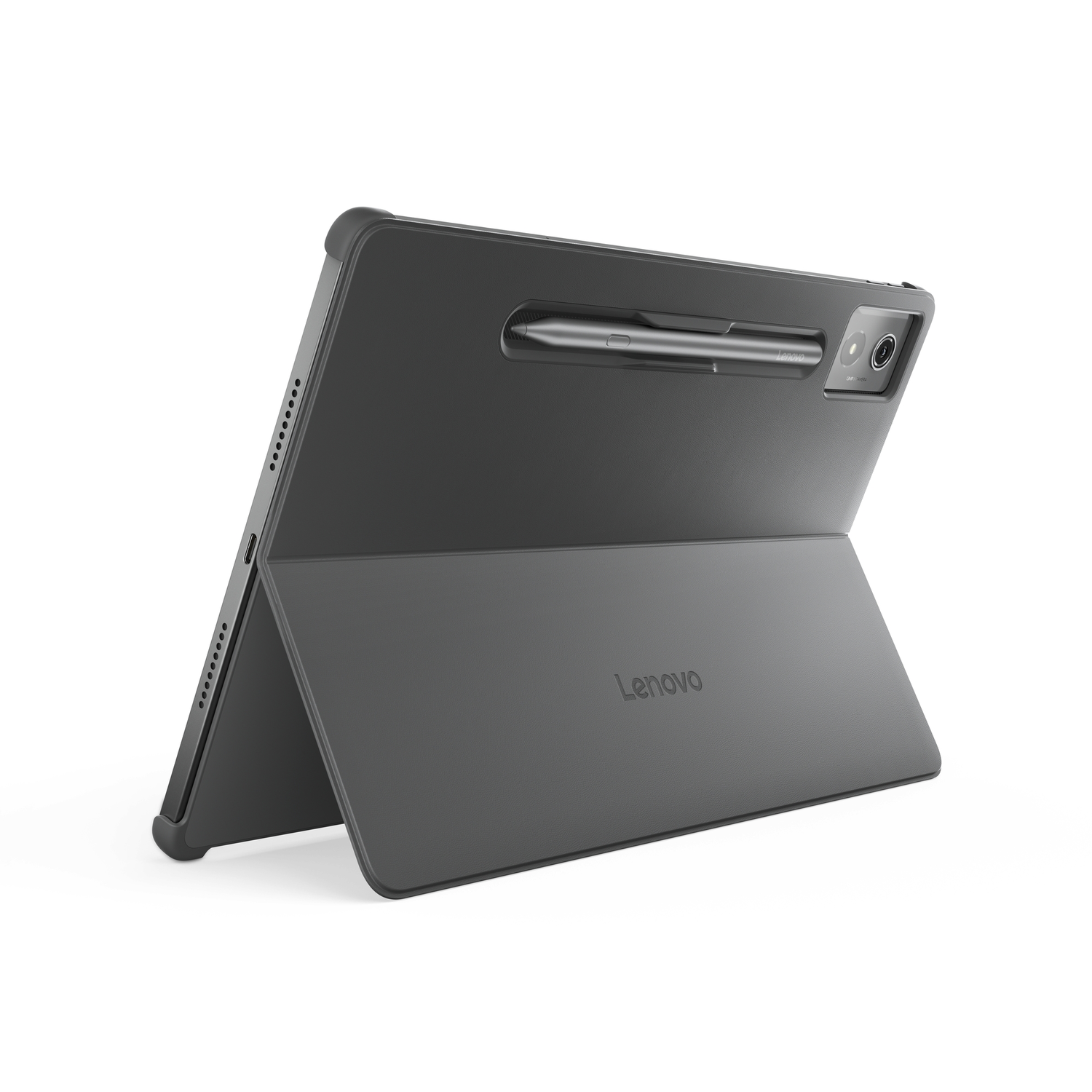 A gray Lenovo tablet with a stylus. It is in a protective case. The tablet is on a white surface, with the Lenovo logo visible.
