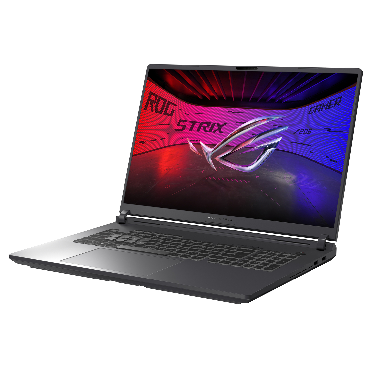 A black ROG Strix gaming laptop. Screen displays ROG Strix logo with red and blue background. Keyboard visible, white background.