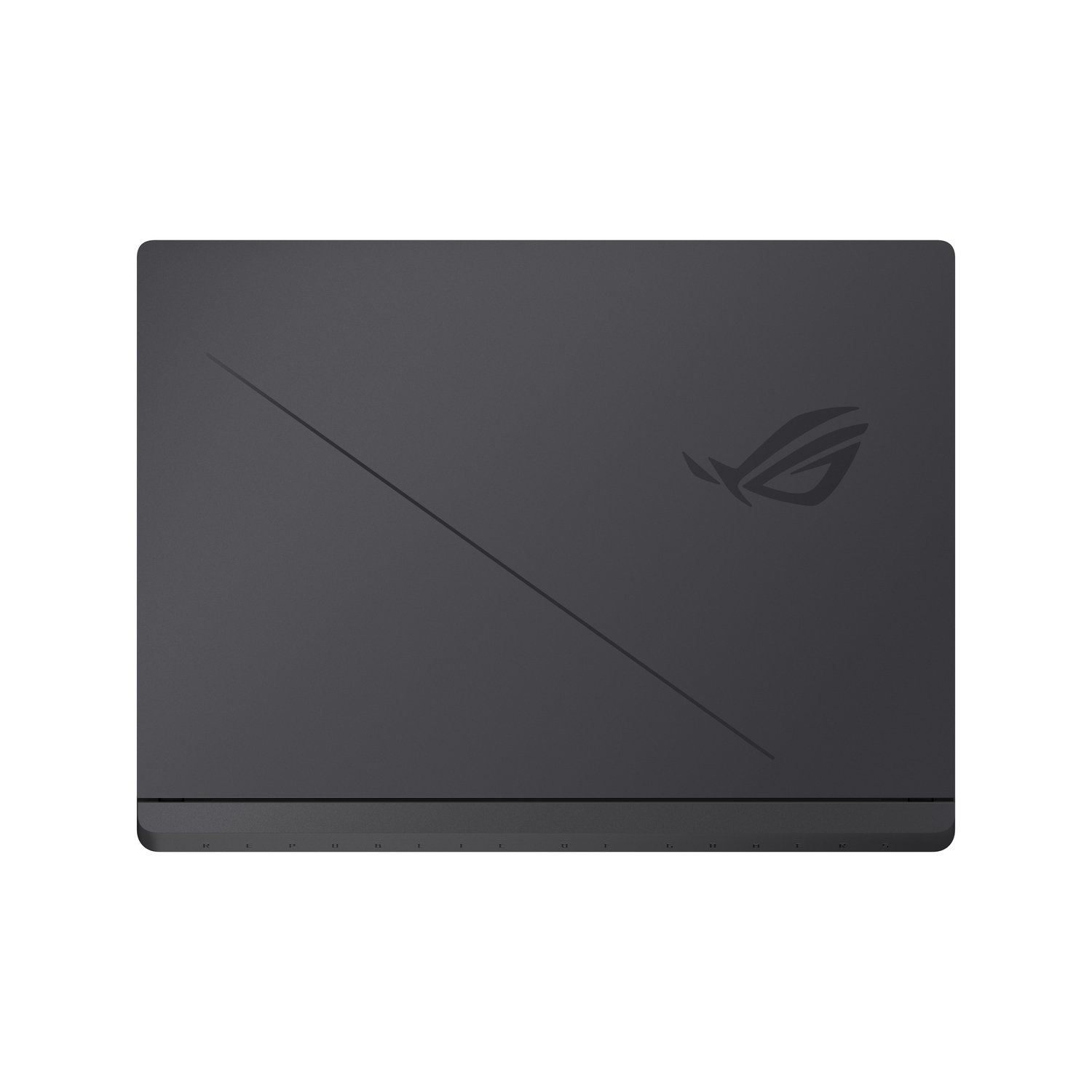 A top-down view of a black laptop. The lid has a diagonal line and the ROG logo. The base has the word REPUBLIC OF GAMERS.