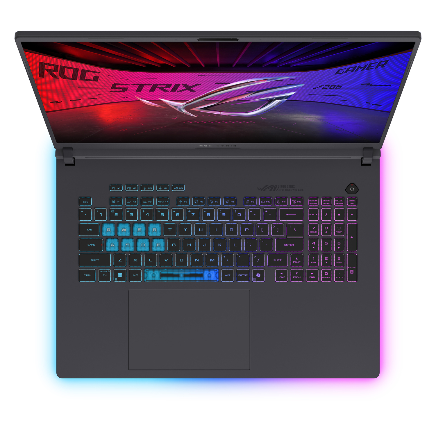 Open laptop. Keyboard with illuminated keys. Screen displays ROG STRIX logo. Blue and pink lights outline the laptop body.