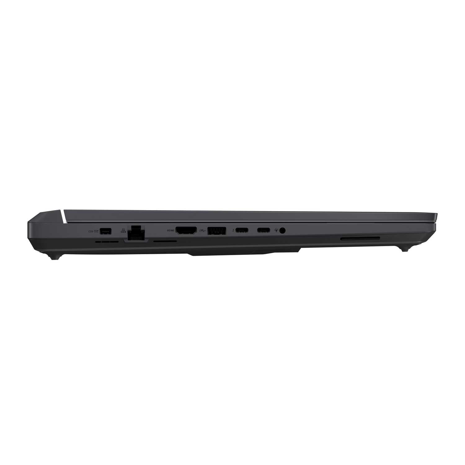 Side view of a black laptop. Ports are visible: USB, HDMI, audio jack, and others. The laptop is against a white background.