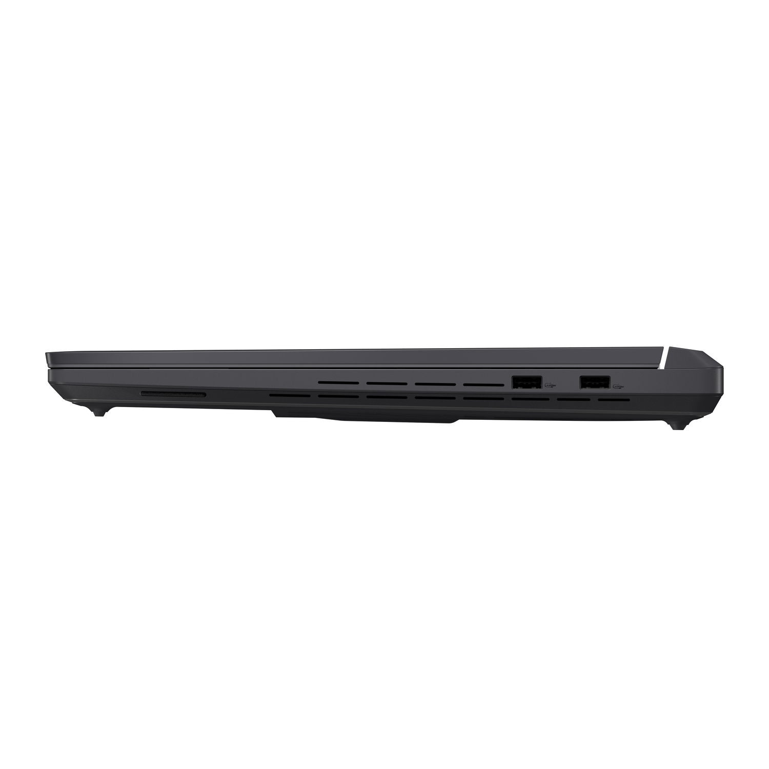 Side view of a black laptop. Several ports and ventilation slots are visible along the side, against a white background.
