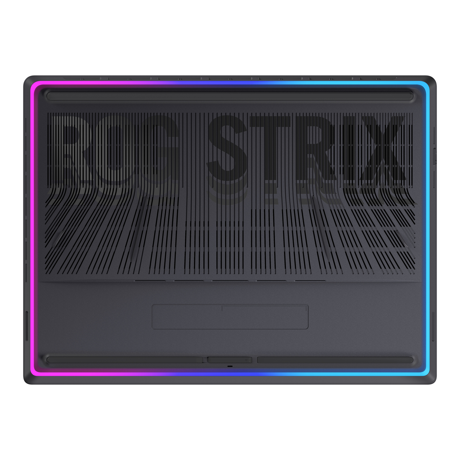 Laptop underside. Black with RGB border. "ROG STRIX" text is visible. Vents and a touchpad are also present.