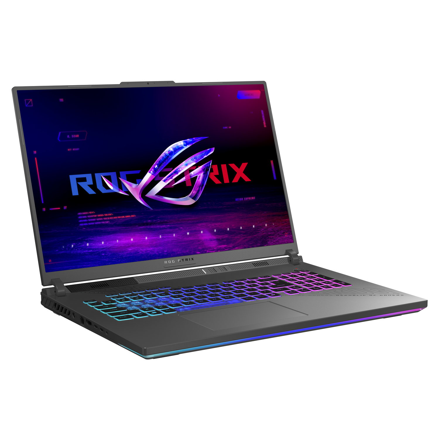 A gray laptop with a glowing keyboard and screen displaying the ROG logo. The screen shows colorful graphics.
