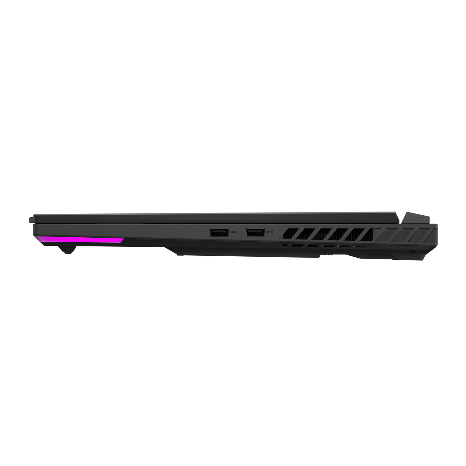 Side view of a black laptop. It has ports, vents, and a glowing pink light. The background is white.