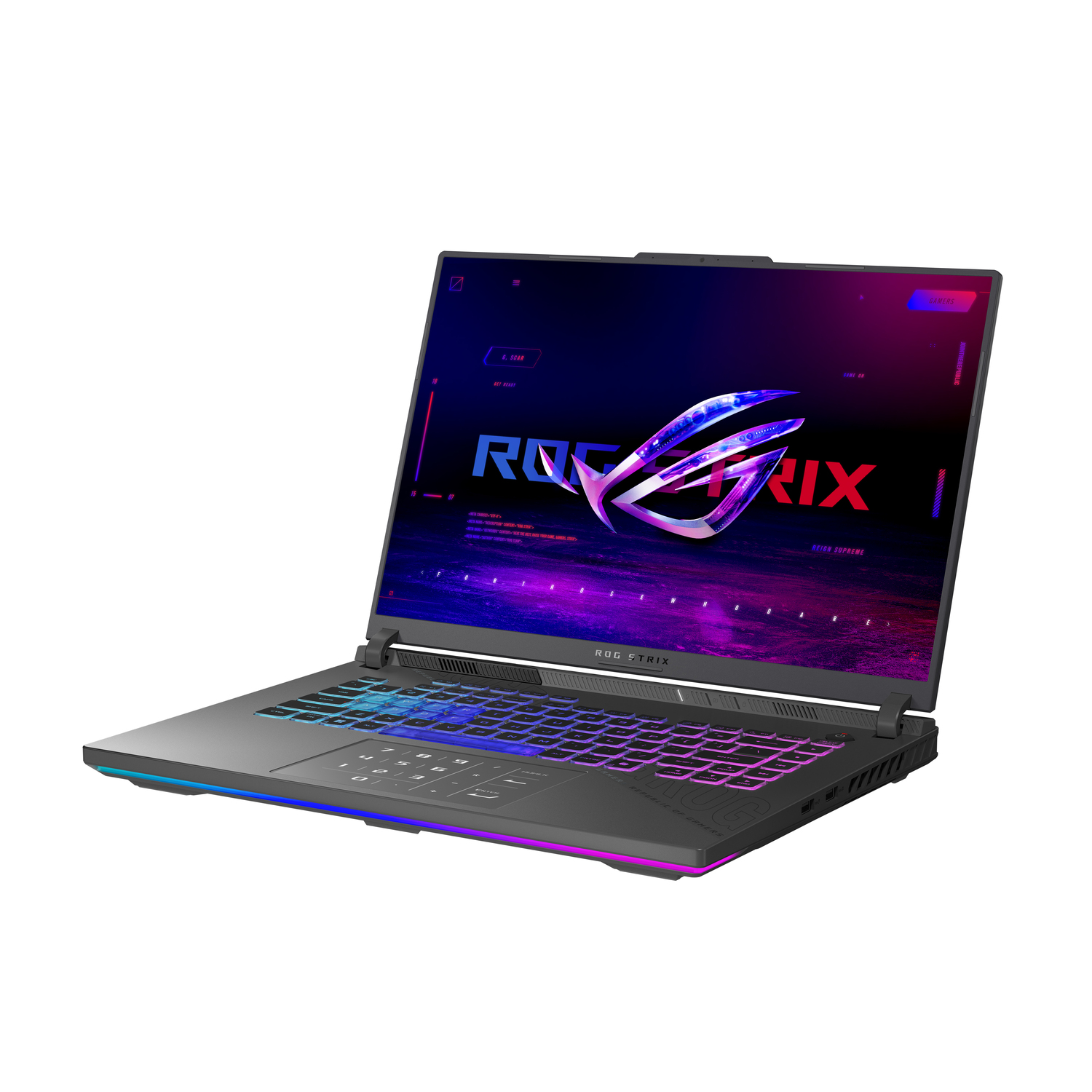 A black and grey ROG Strix laptop. The screen displays a logo with a purple and pink gradient. The keyboard is backlit.