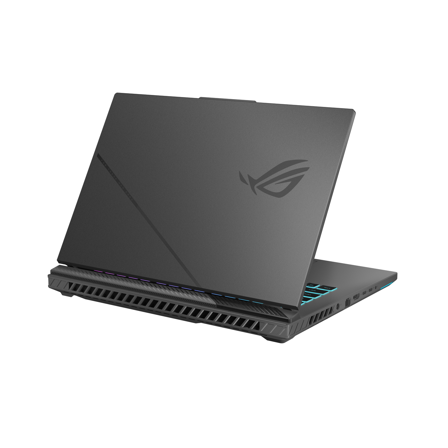 A dark gray laptop is open, showing the ROG logo. The back has a textured finish with vents and a light-up keyboard.