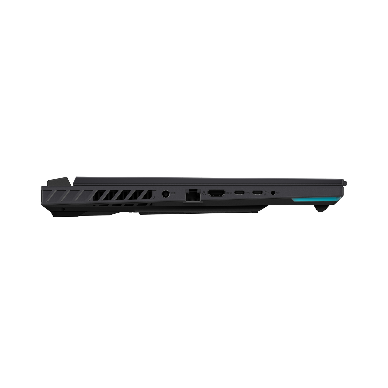 Side view of a black laptop on a white background. Ports include HDMI, USB-C, and audio jack. A blue accent is present.