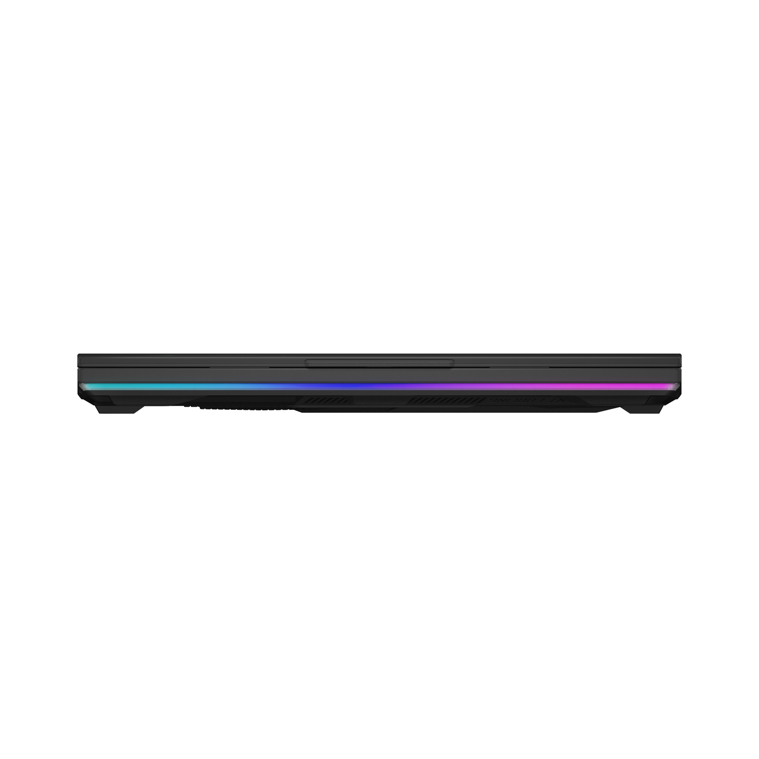 A closed black laptop. It has a colorful light bar at the bottom edge. The background is plain white.