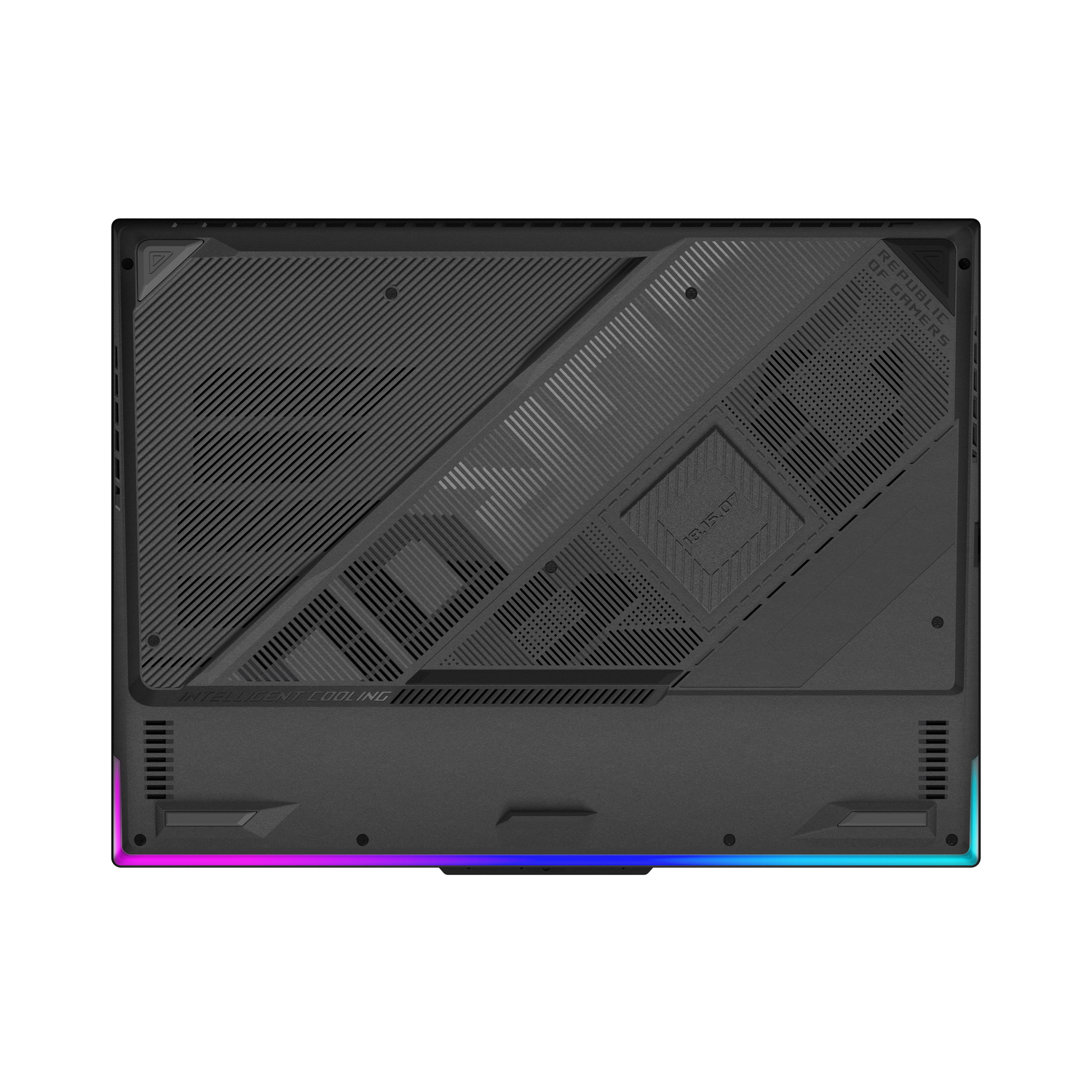 Bottom view of a black laptop. It has a textured surface with vents and the words 'REPUBLIC OF GAMERS'. The bottom edge glows.