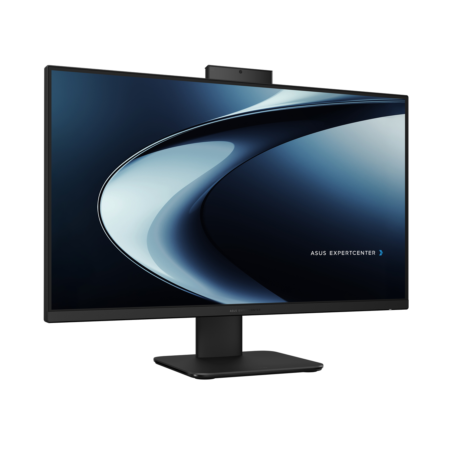 Zwarte ASUS ExpertCenter monitor op witte achtergrond. Scherm toont een gebogen design. Webcam bovenaan.