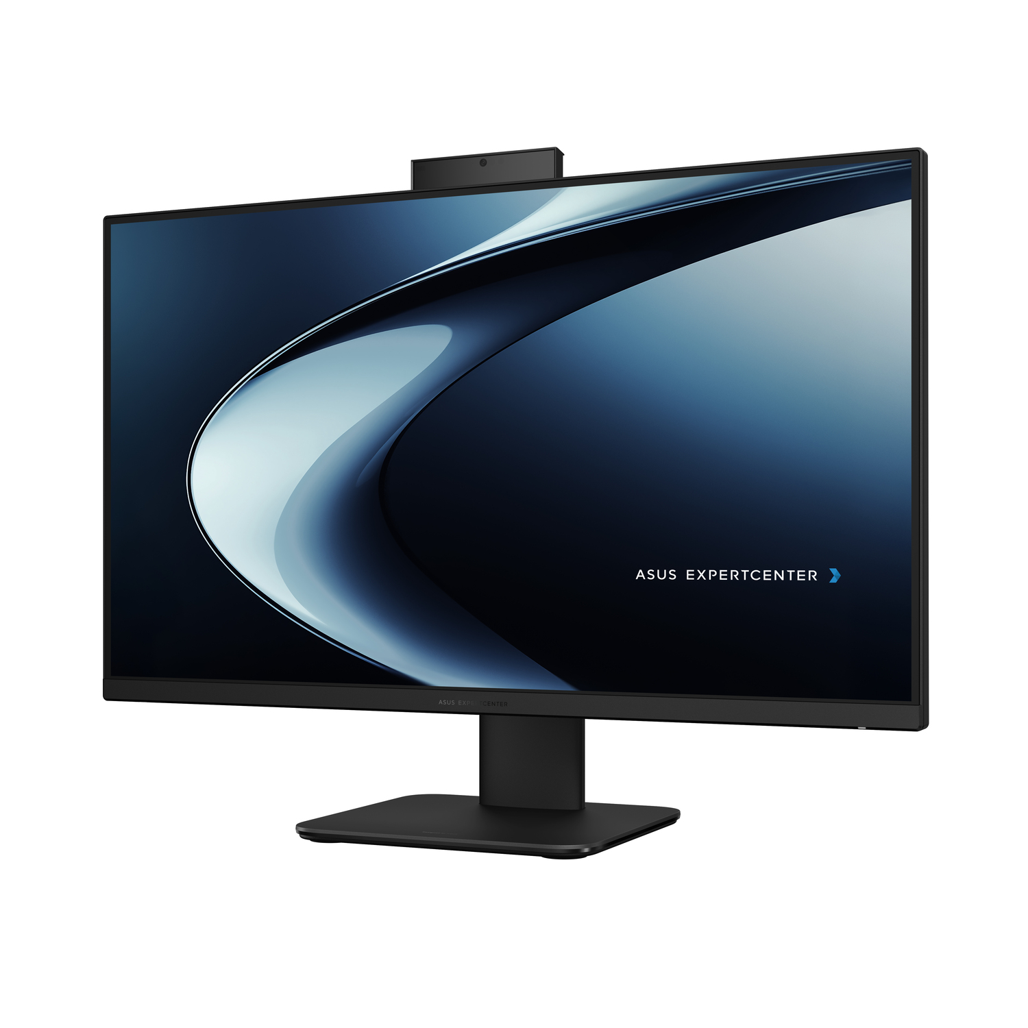 Een zwarte ASUS ExpertCenter monitor met webcam aan de bovenkant. Het scherm toont een blauw en wit abstract ontwerp.