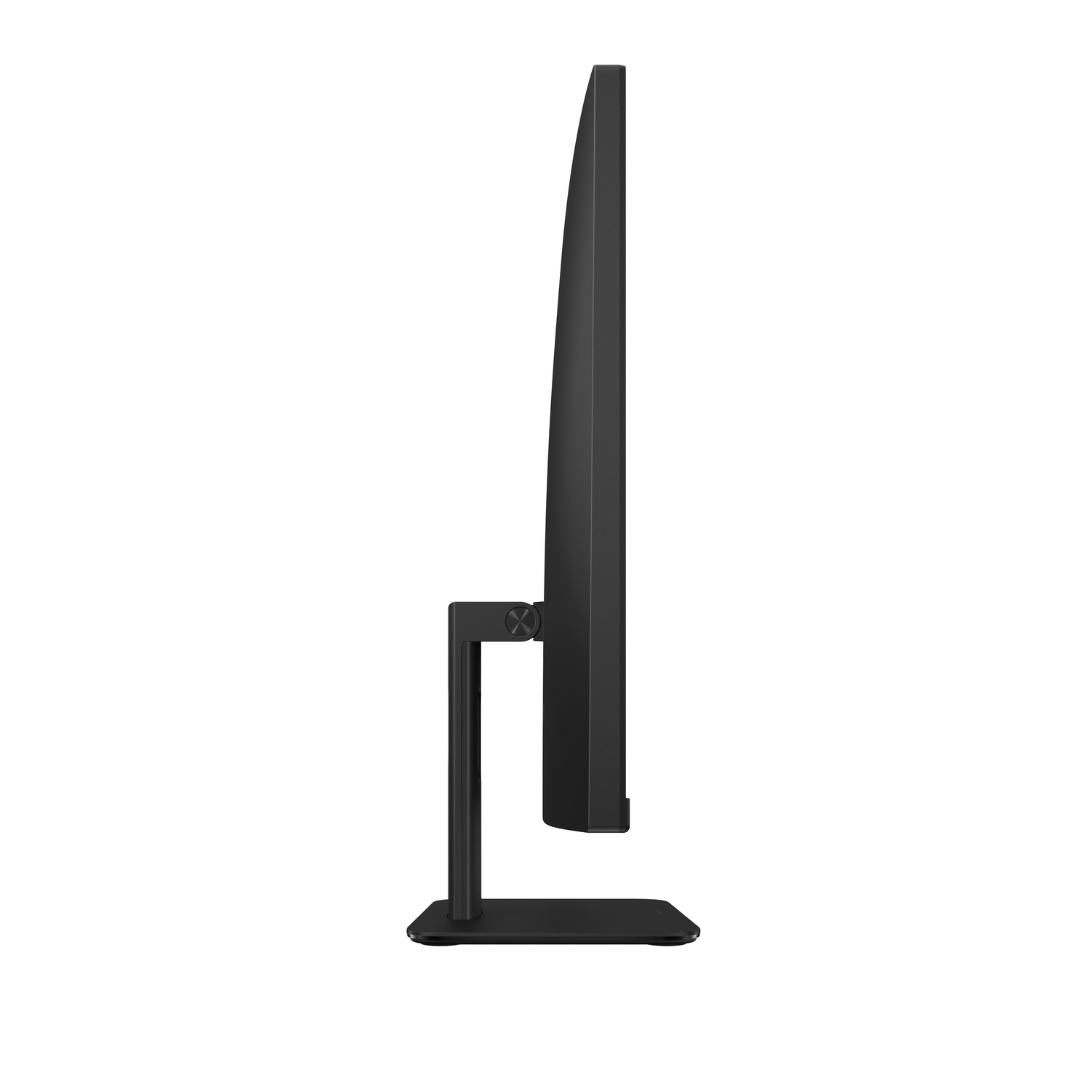 Een zwarte computermonitor wordt van de zijkant bekeken, met het scherm, de standaard en de basis. Het staat tegen een witte achtergrond.