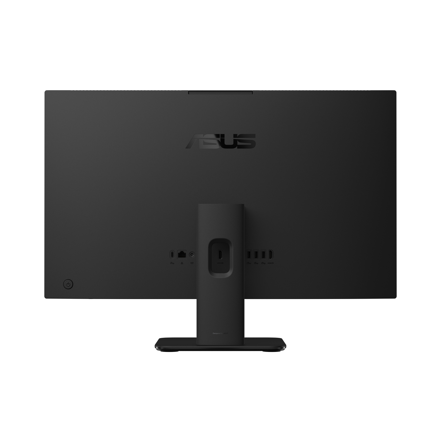 Een zwarte computermonitor van achteren, met het ASUS-logo en diverse poorten. Het heeft een centrale standaard en een zwarte voet.