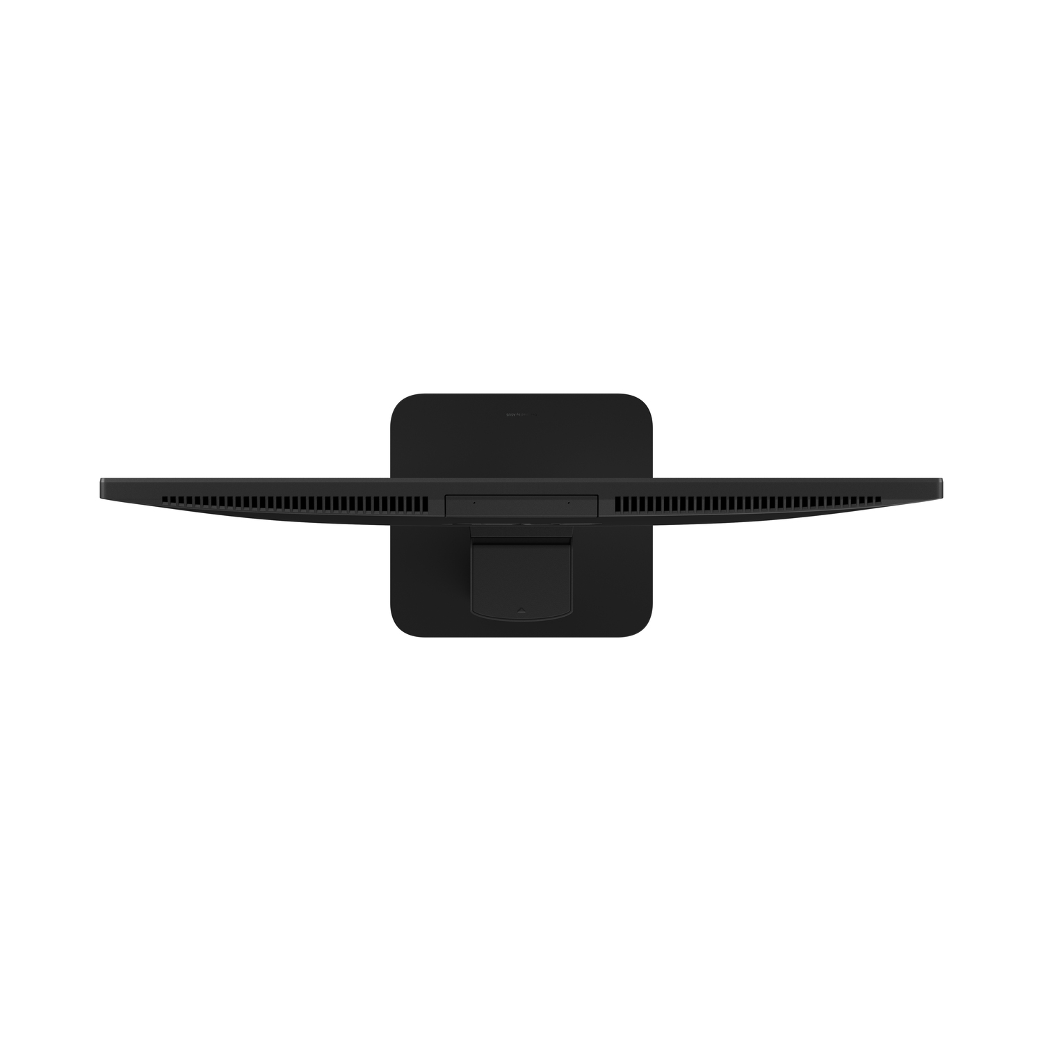Een bovenaanzicht van een zwarte computermonitor. Het scherm is dun met een rechthoekige basis. De achtergrond is wit.