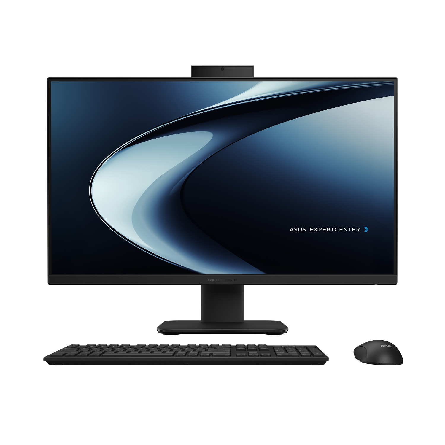 Een alles-in-één computer met een monitor, toetsenbord en muis. Het scherm toont een blauw en wit abstract ontwerp.