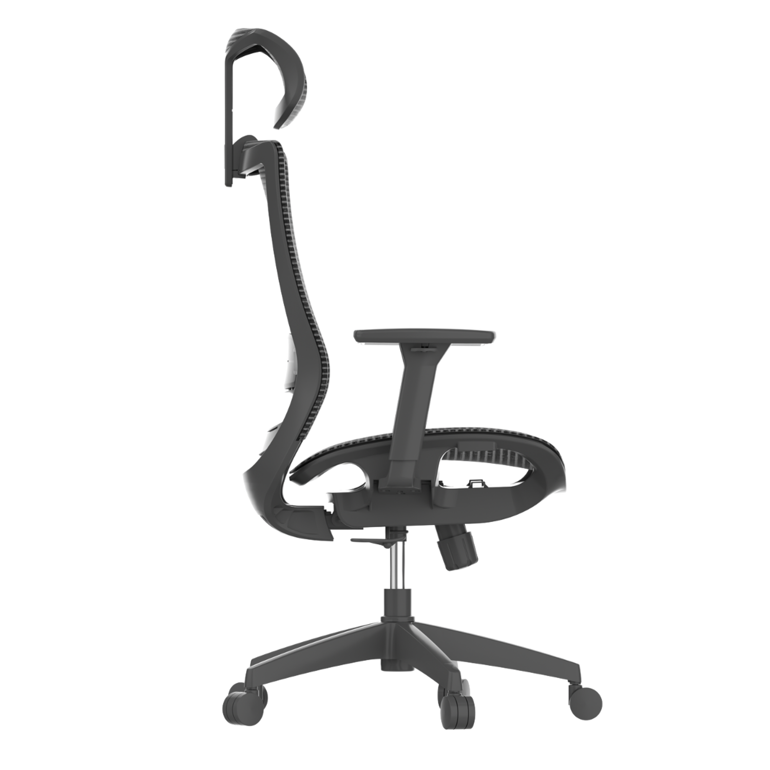 Een zwarte ergonomische bureaustoel. Hij heeft een hoofdsteun, een mesh rugleuning, verstelbare armleuningen en een vijfsterrenvoet met wielen.