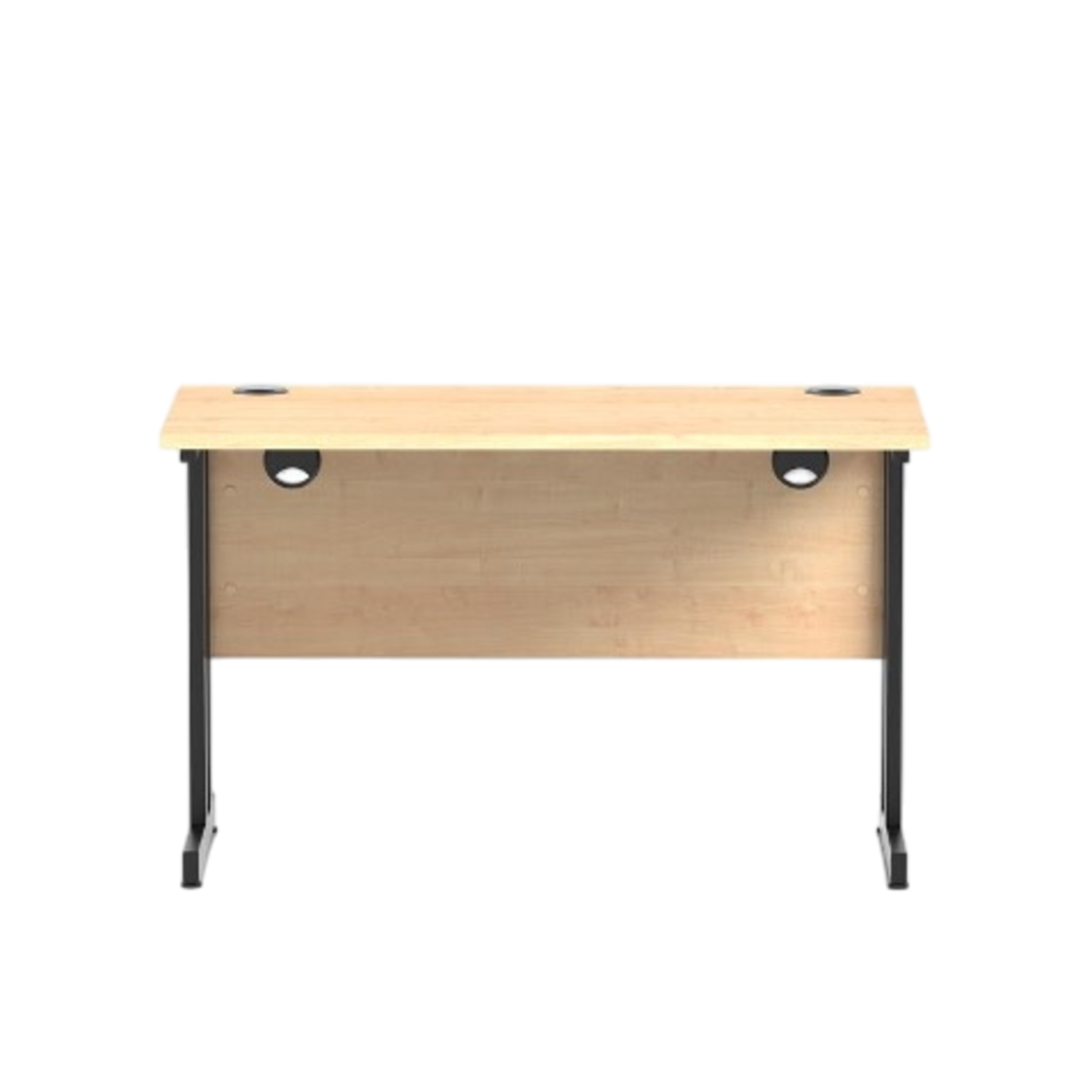 Een lichtbruine houten bureau met zwarte poten. Het heeft twee gaten aan de bovenkant en twee ronde uitsparingen aan de voorkant.
