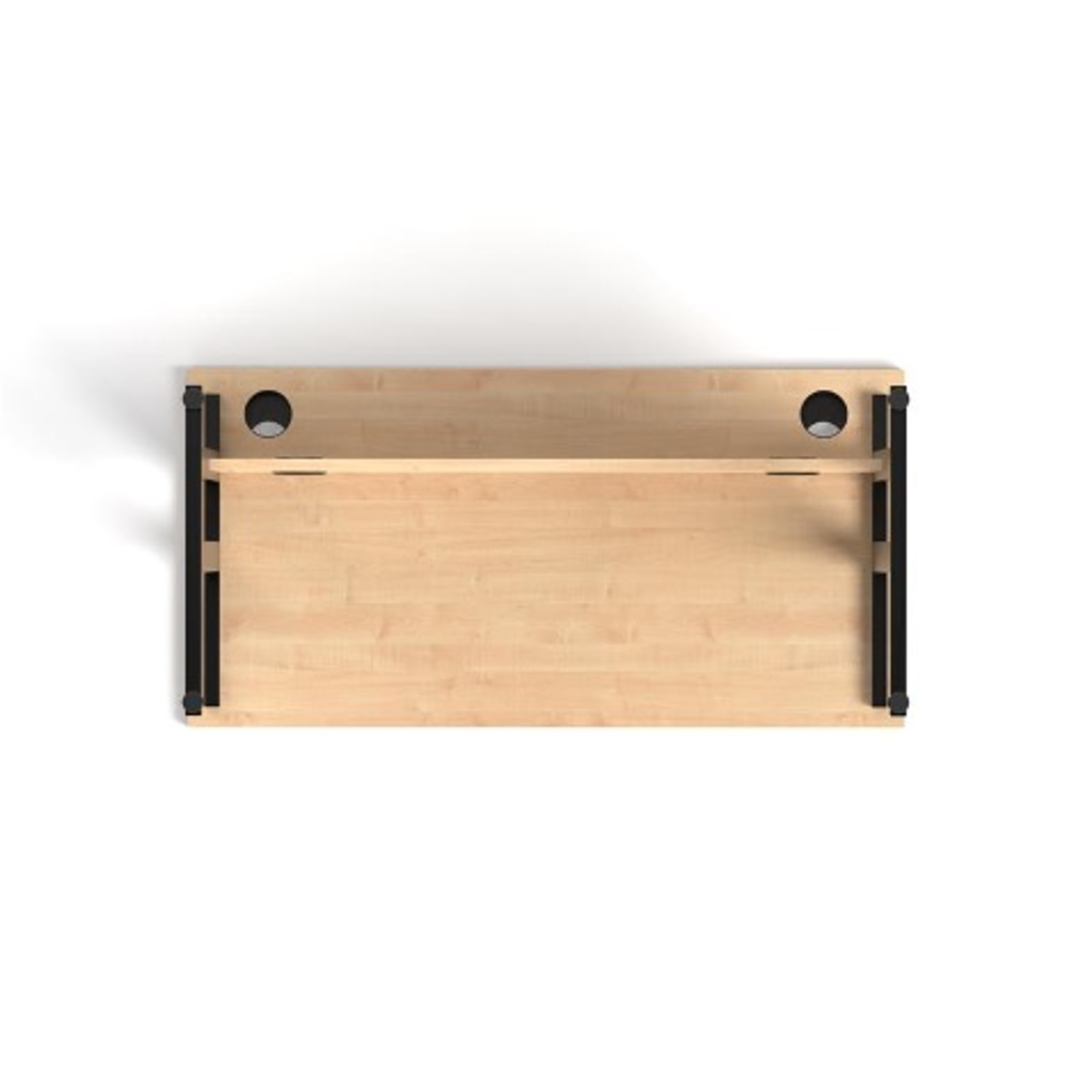 Bovenaanzicht van een licht houten bureau met twee zwarte poten aan elke kant. Twee cirkelvormige gaten aan de bovenkant. Witte achtergrond.