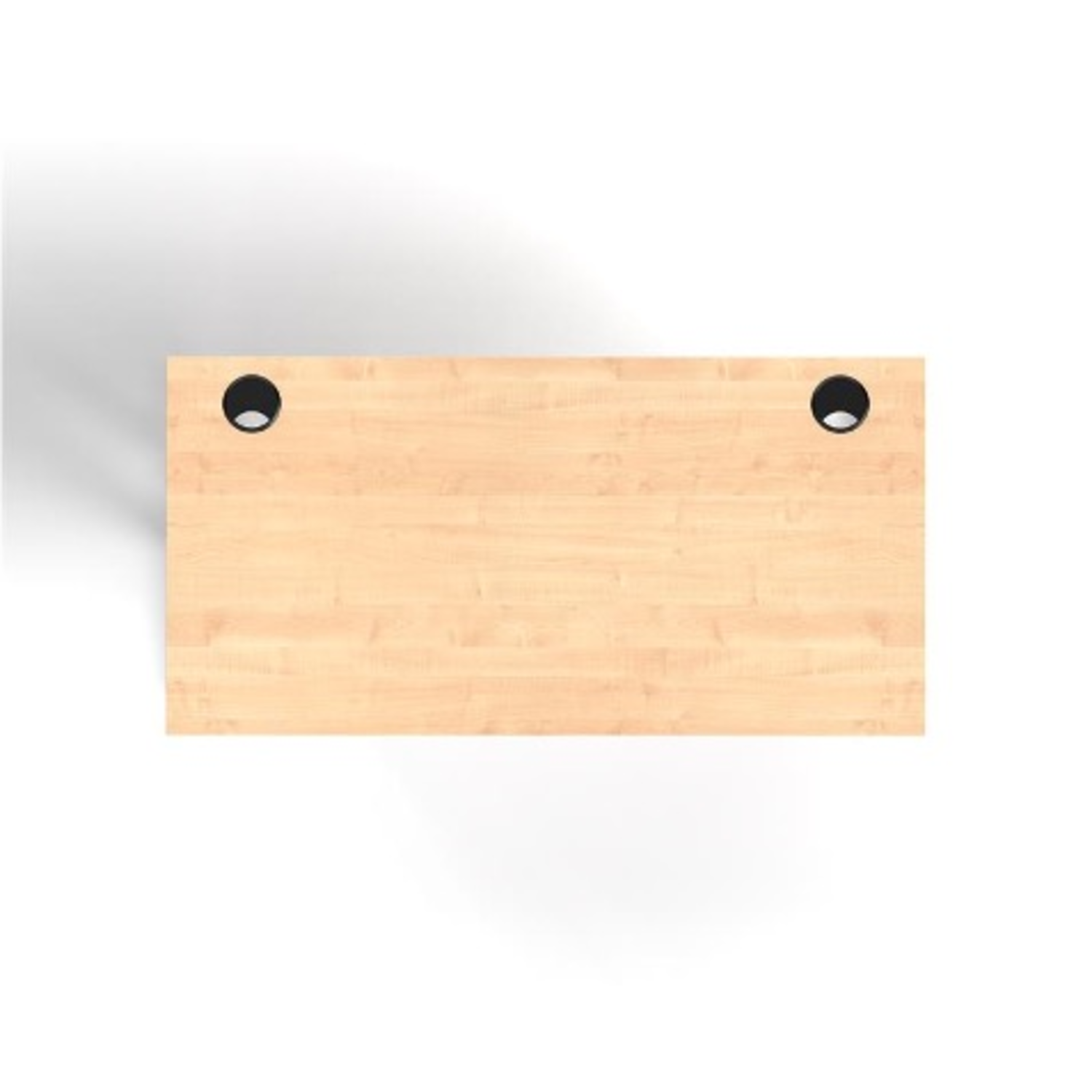 Bovenaanzicht van een lichtbruine houten bureau met twee zwarte ronde gaten.