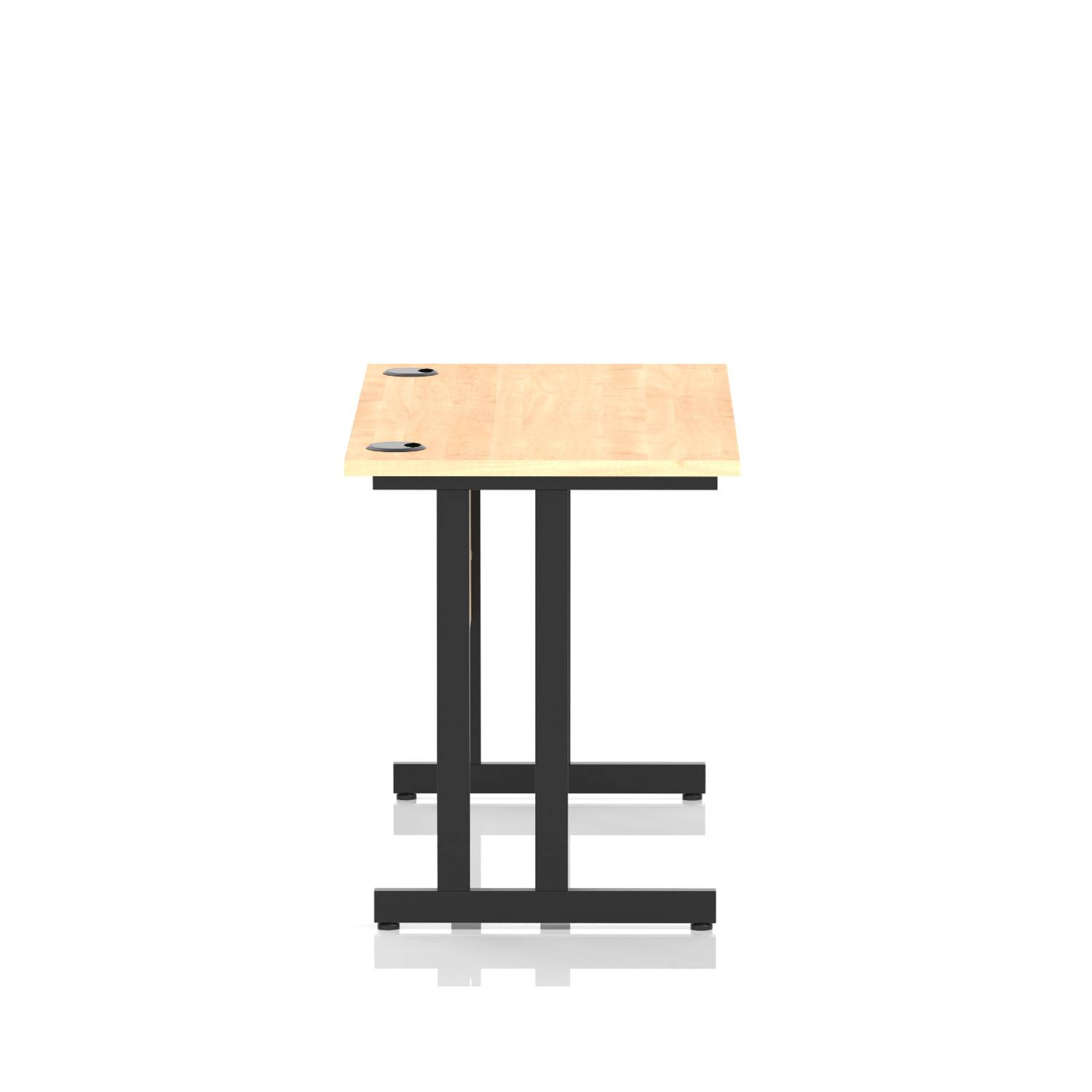Een lichte houten bureau met twee cirkelvormige uitsparingen aan de bovenkant. Het heeft zwarte metalen poten.