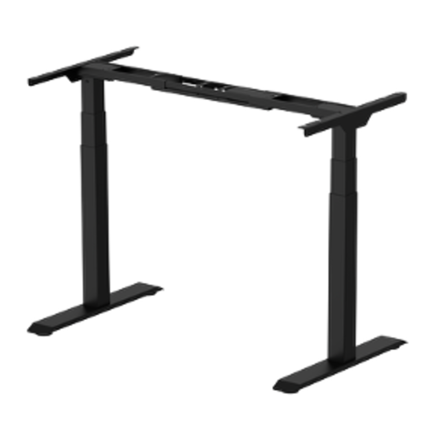 Een zwart, in hoogte verstelbaar bureauframe. Het heeft twee verticale poten die verbonden zijn door een horizontaal frame, met een basis aan elke poot.