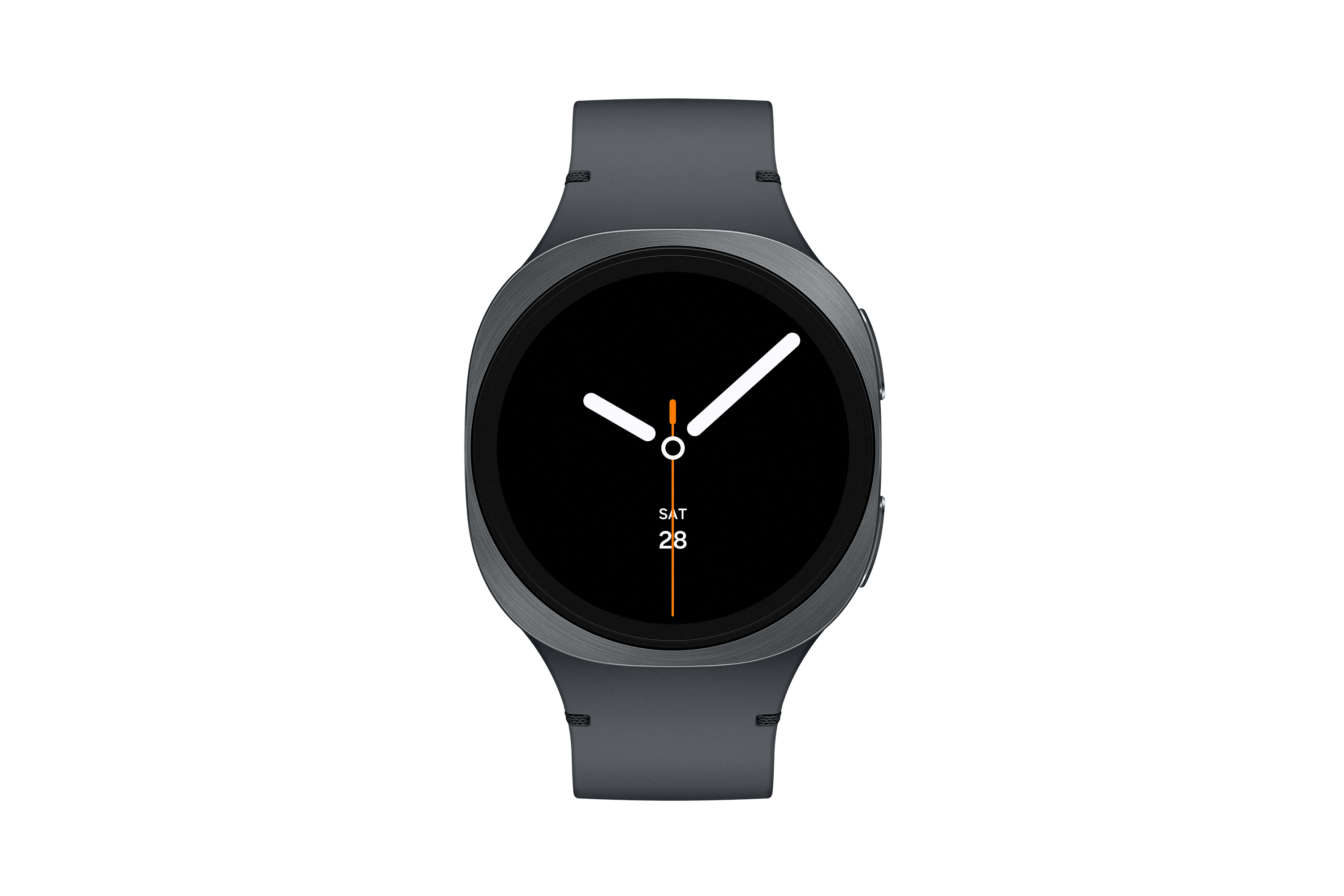 Graue Smartwatch auf schwarzem Hintergrund. Das Zifferblatt zeigt weiße Zeiger, das Datum und einen orangen Sekundenzeiger.