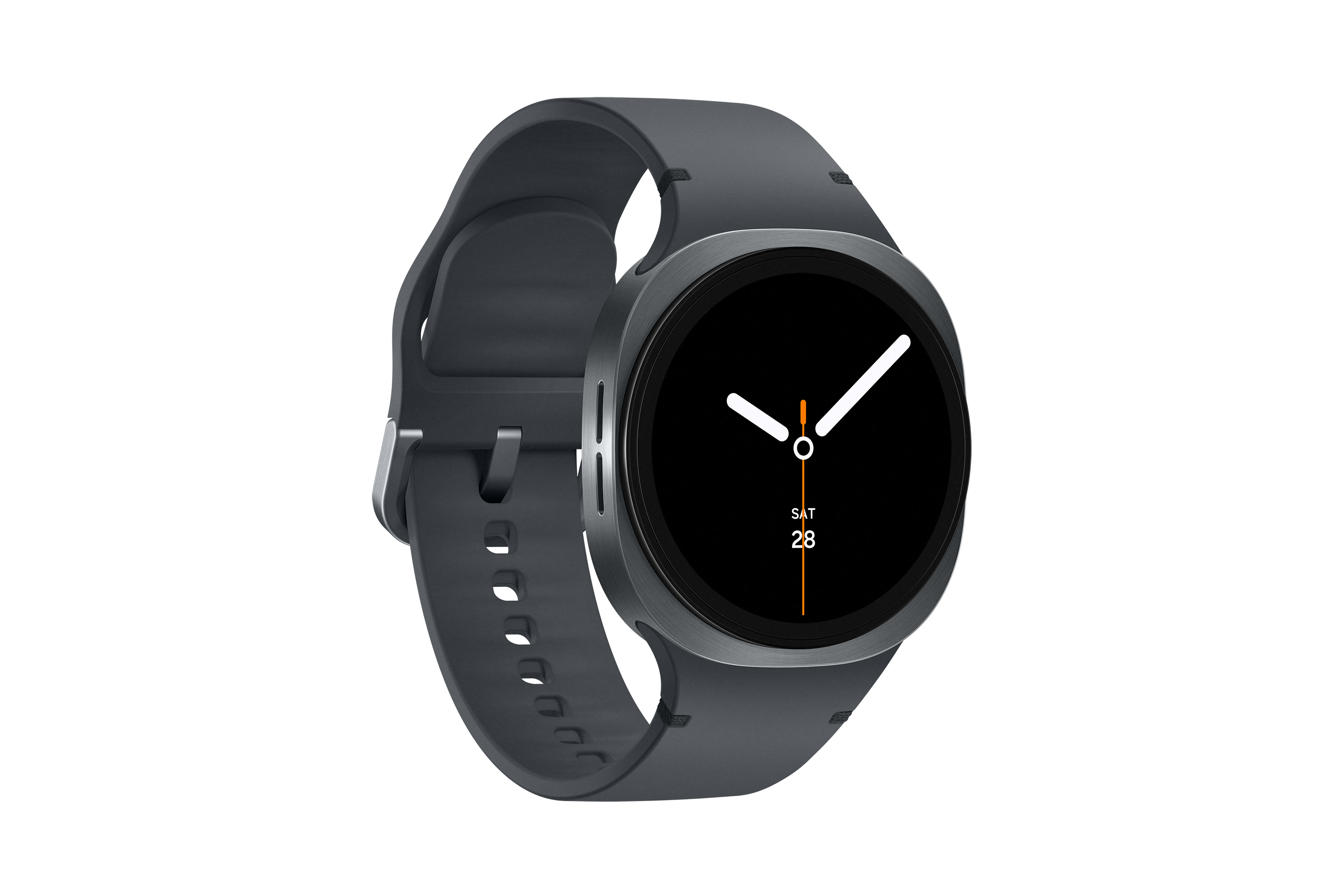 Eine dunkelgraue Smartwatch mit schwarzem Ziffernblatt. Das Datum ist Samstag, 28. Die Zeiger sind weiß.