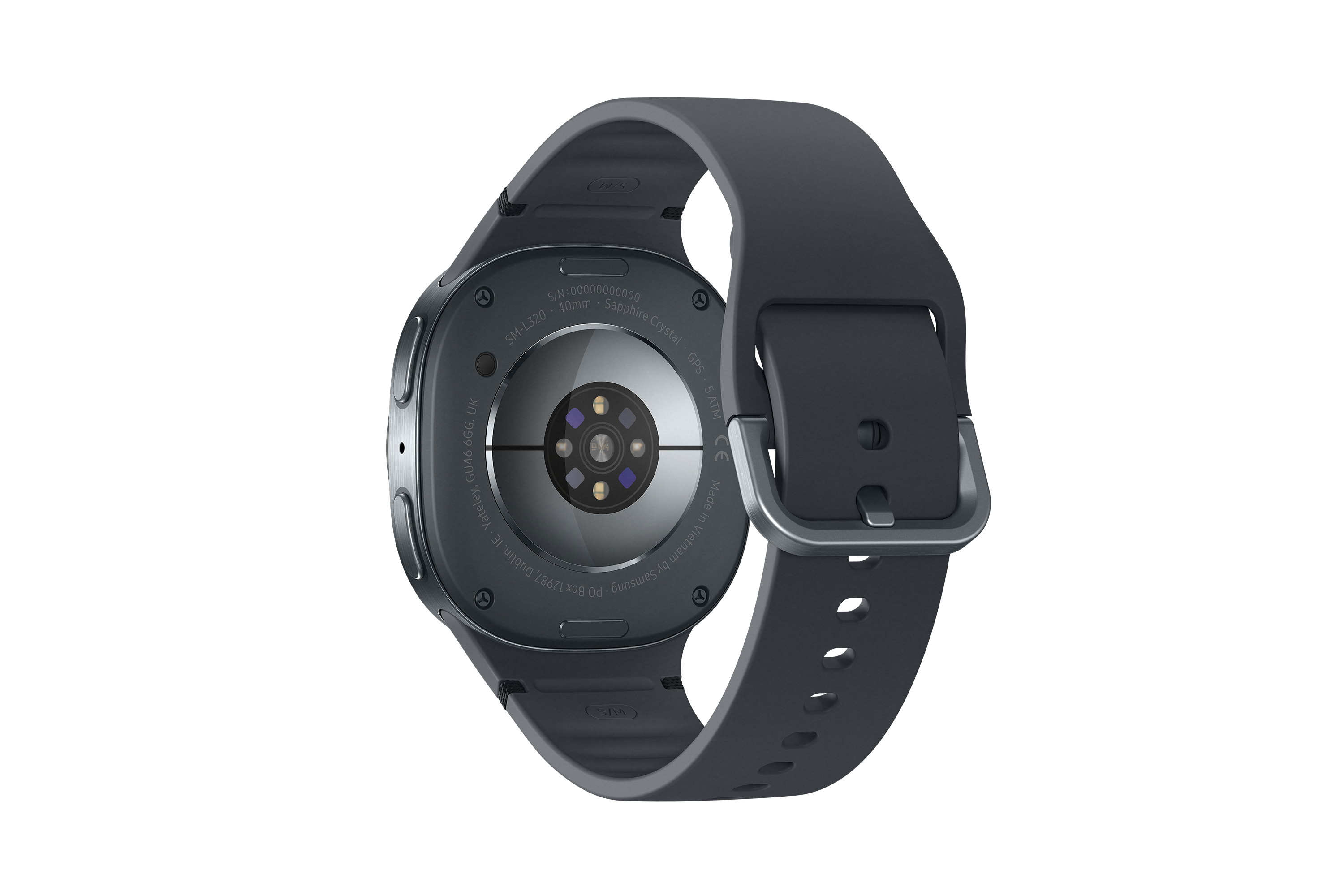 Eine dunkelgraue Smartwatch mit passendem Armband. Die Uhr zeigt die Rückseite mit Sensoren und Text.