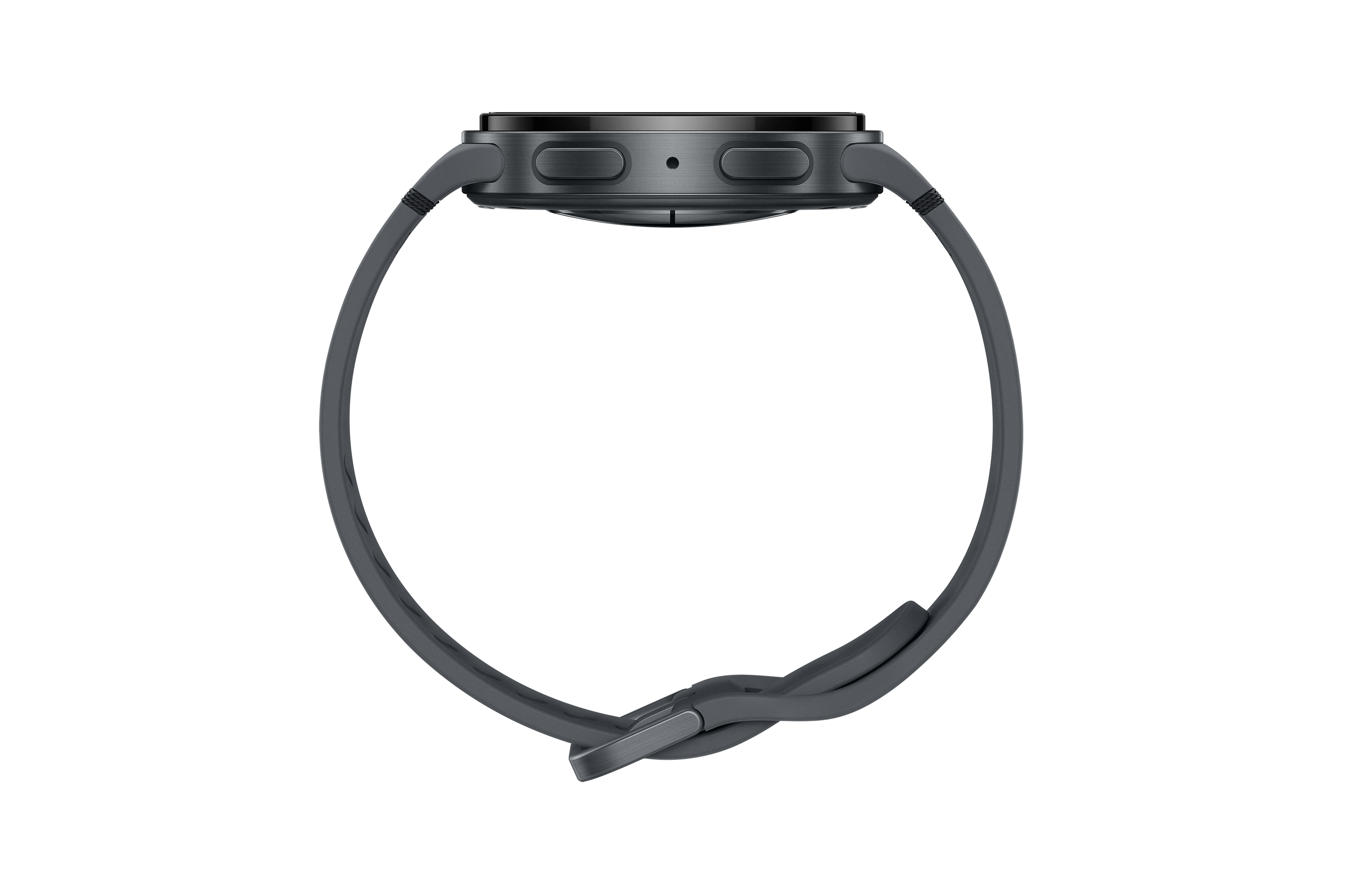 Seitenansicht einer dunkelgrauen Smartwatch mit passendem Armband vor schwarzem Hintergrund.