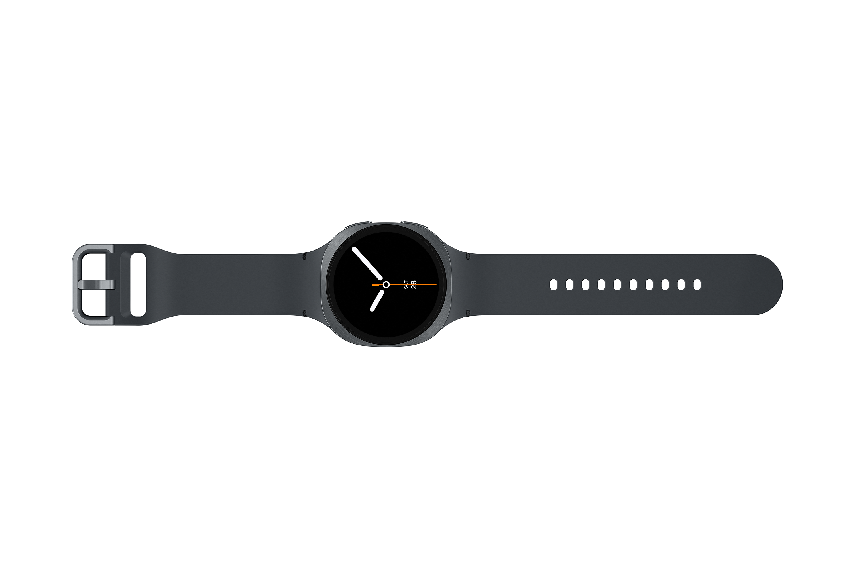 Graue Smartwatch auf schwarzem Hintergrund. Die Uhr zeigt die Uhrzeit. Das Armband mit Schnalle ist sichtbar.