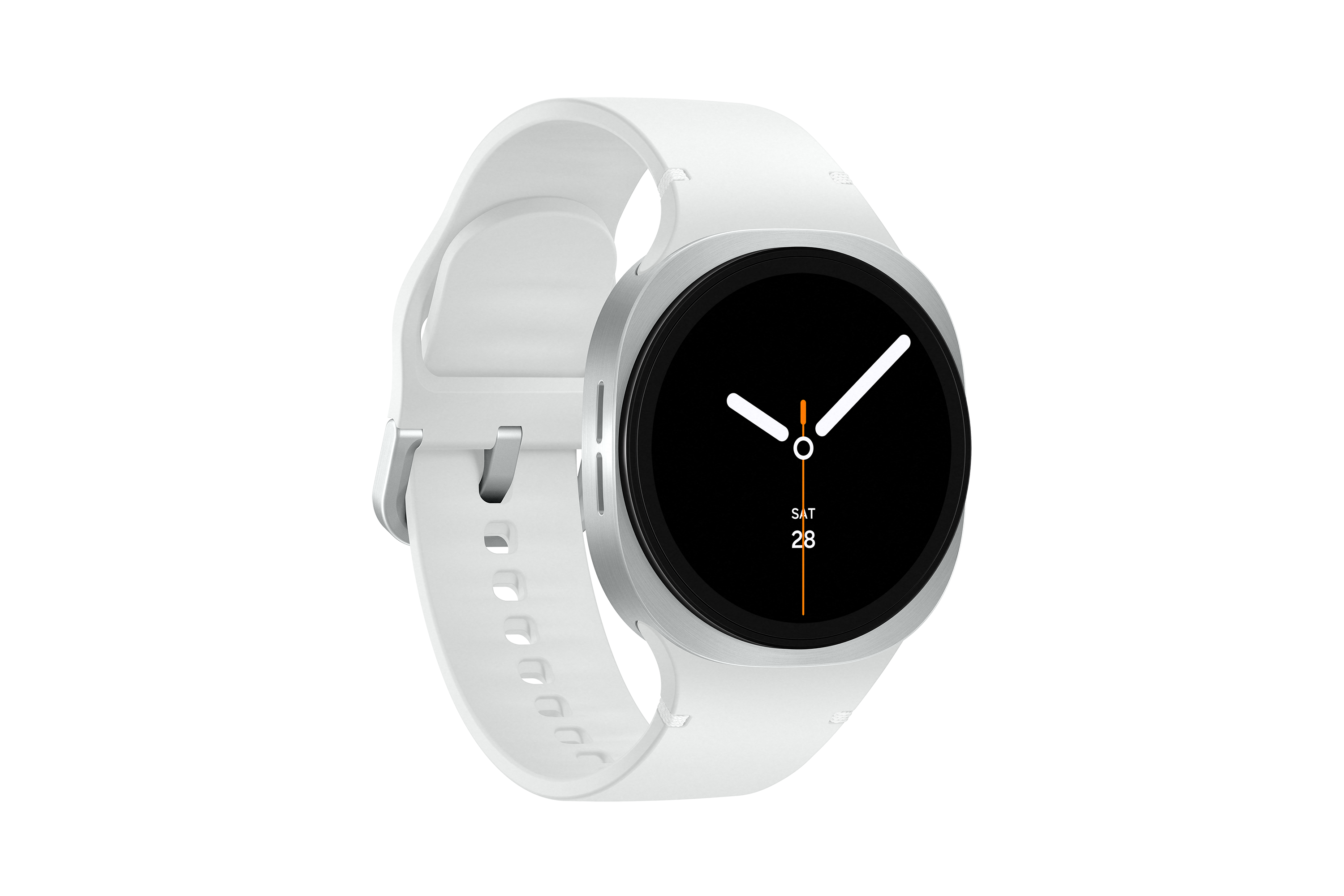 Weiße Smartwatch mit schwarzem Zifferblatt. Zeigt die Uhrzeit 1:10 Uhr und das Datum, SA 28. Weißes Band mit Löchern.