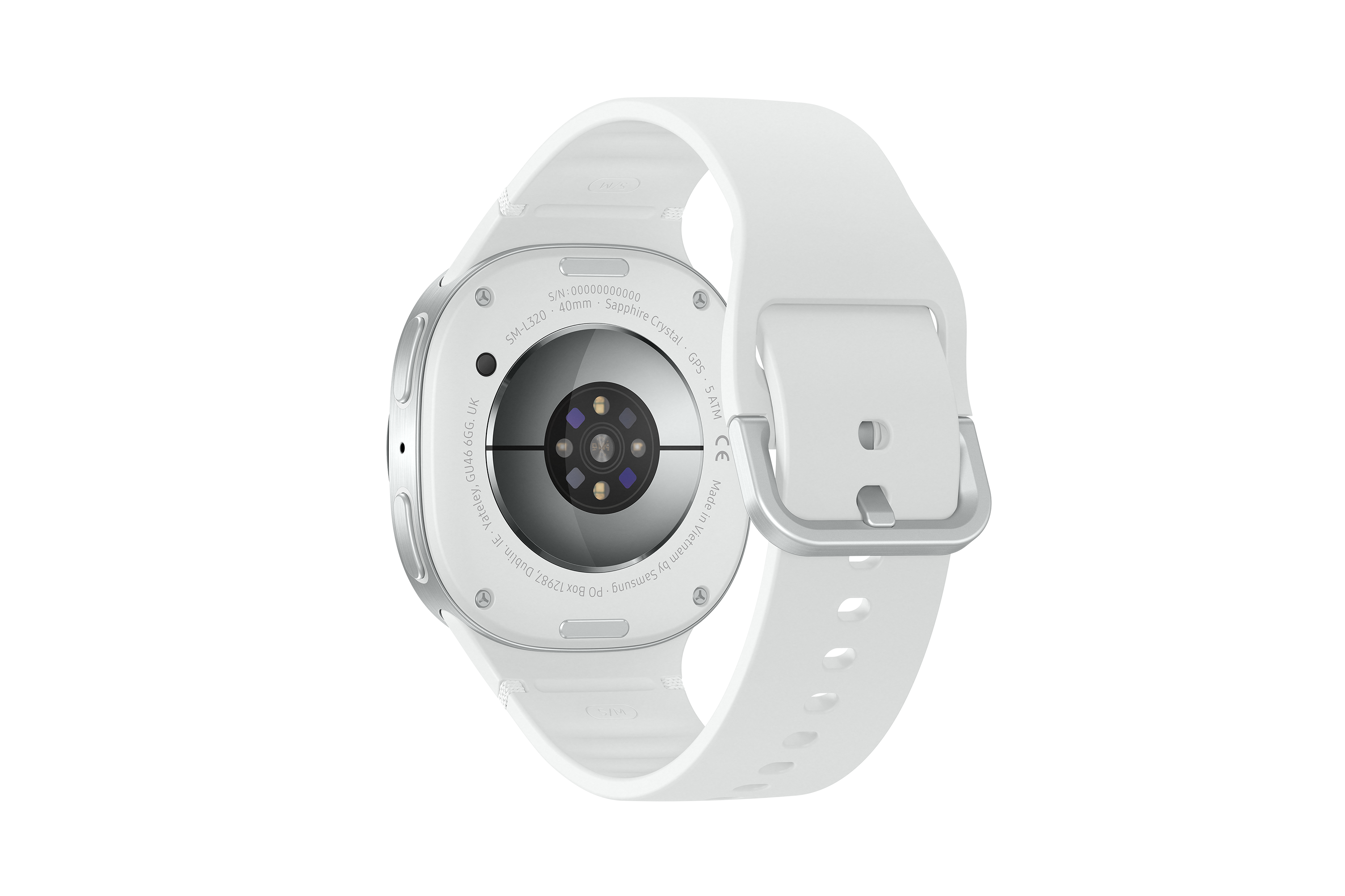 Rückseite einer weißen Smartwatch mit weißem Armband, silberner Schnalle und Sensorfeld.