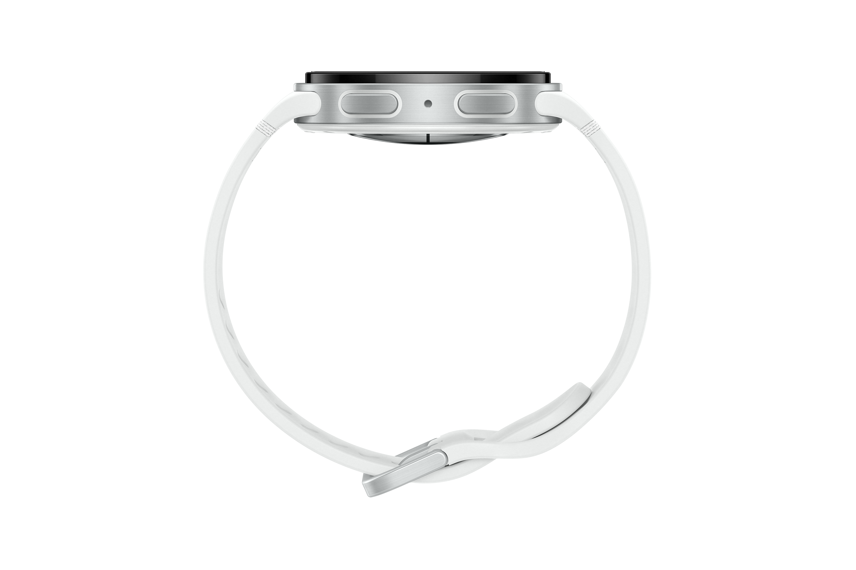 Eine weiße Smartwatch mit weißem Armband vor schwarzem Hintergrund. Die Uhr ist kreisförmig.