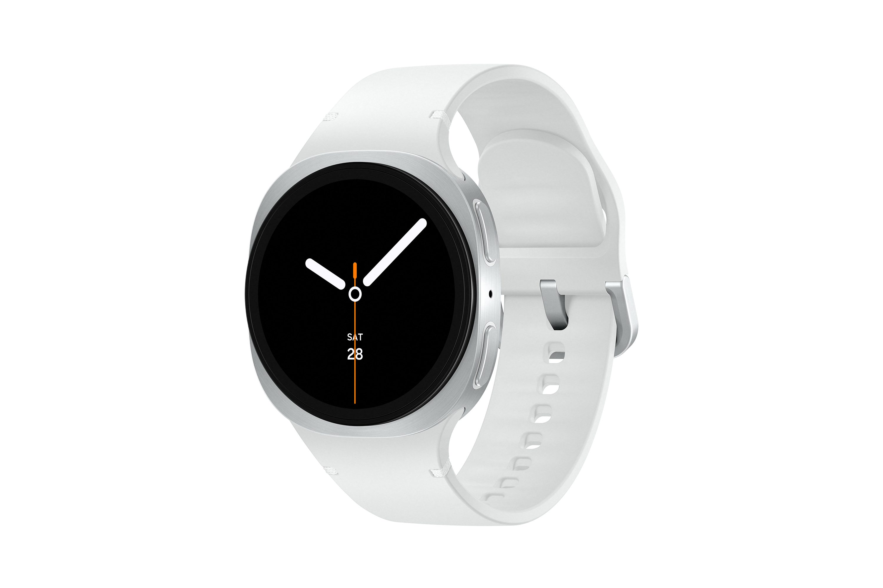 Eine weiße Smartwatch mit schwarzem Zifferblatt zeigt das Datum an. Die Uhr hat ein weißes Armband und eine silberne Lünette, vor schwarzem Hintergrund.