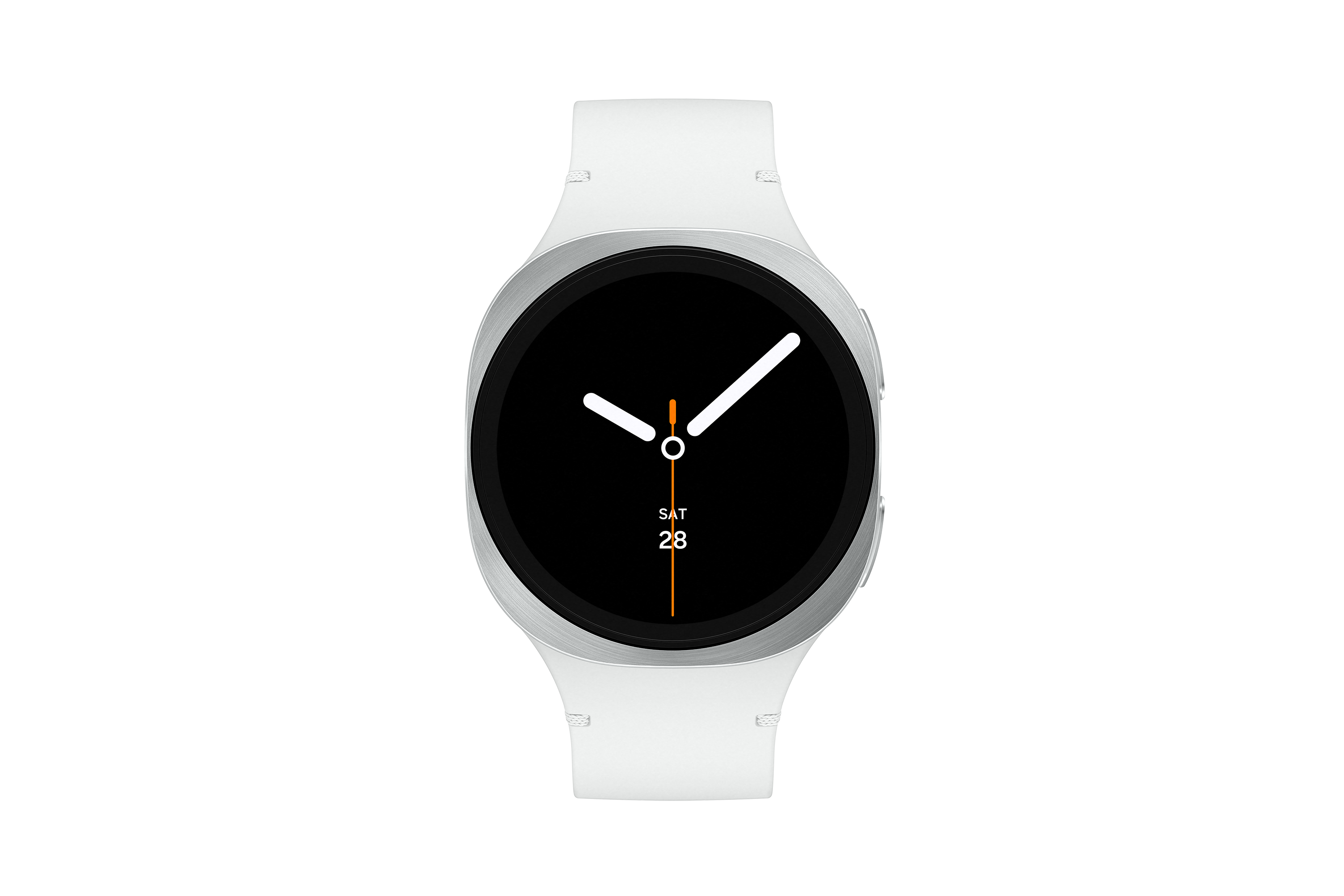 Eine weiße Smartwatch mit schwarzem Zifferblatt zeigt Datum und Uhrzeit vor schwarzem Hintergrund.