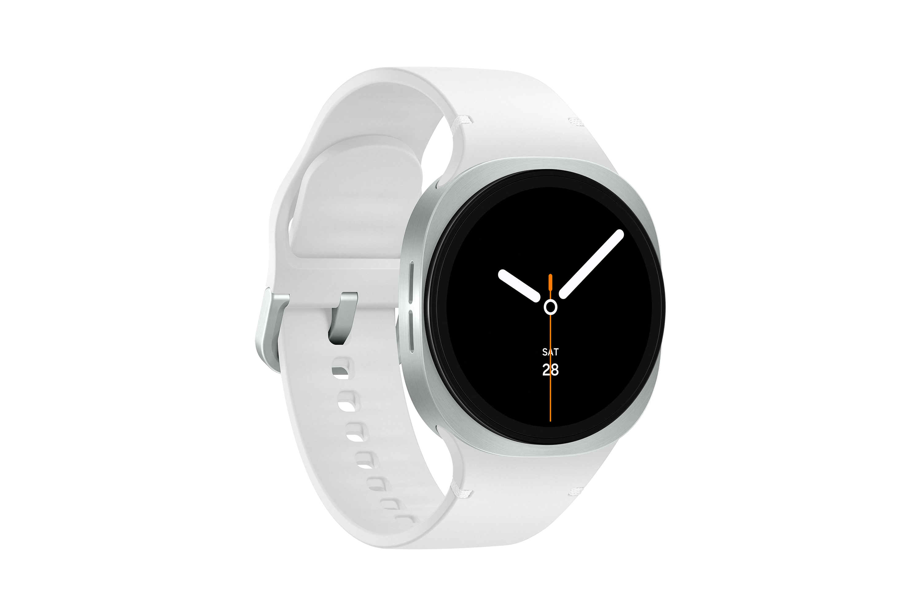 Eine weiße Smartwatch mit schwarzem Bildschirm, der das Datum anzeigt. Sie hat ein weißes Armband und ein silbernes Gehäuse.