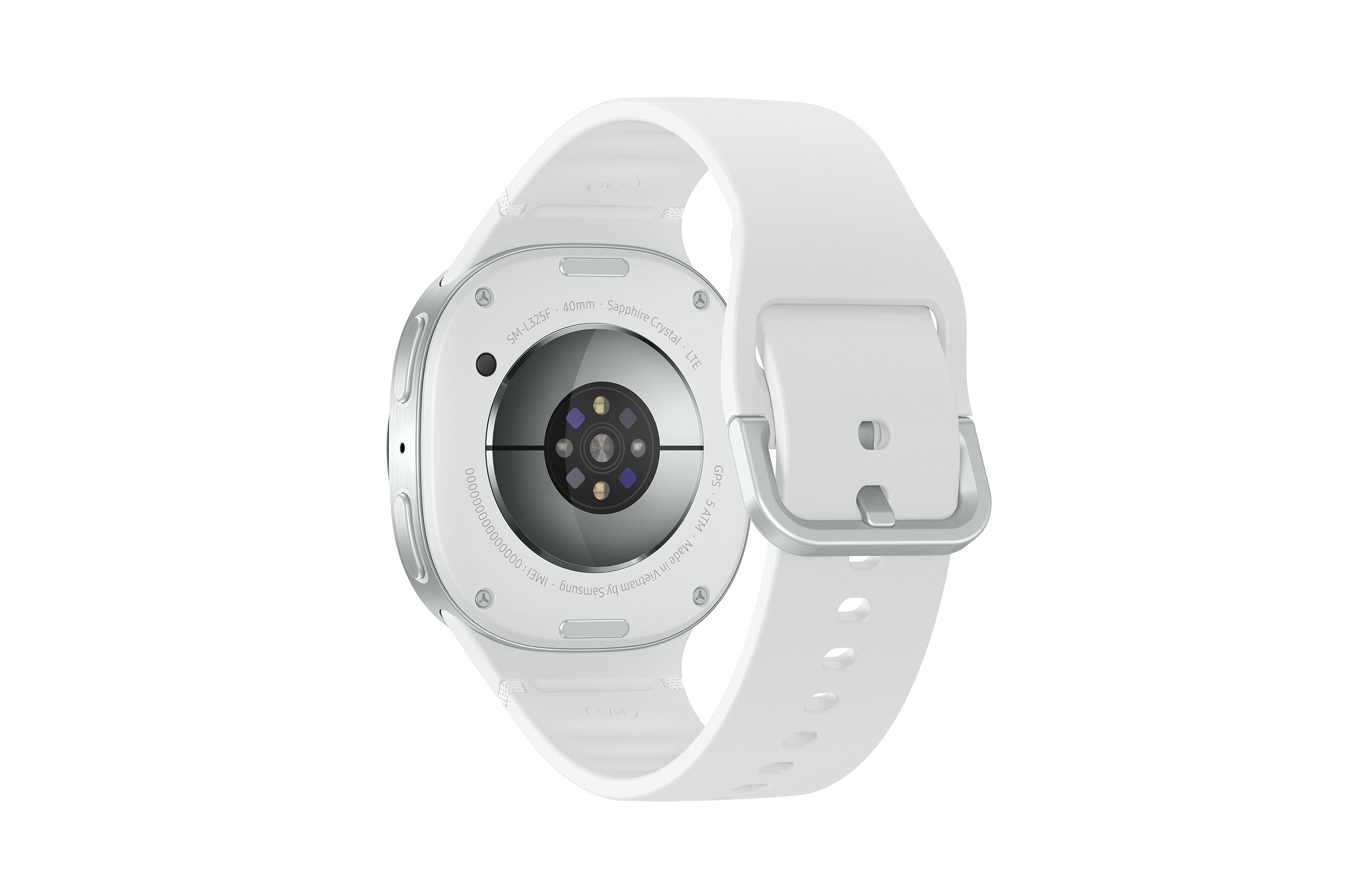 Eine weiße Smartwatch mit weißem Armband und silberner Schnalle. Die Rückseite zeigt Sensoren und Text, auf schwarzem Hintergrund.